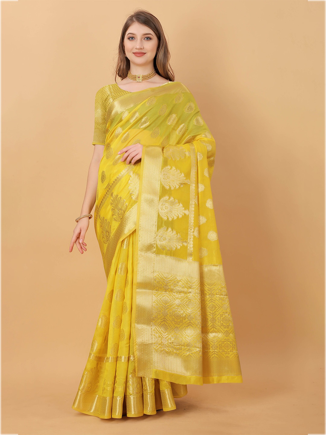 

Ekta Textiles Woven Design Zari Pure Silk Banarasi Saree, Yellow