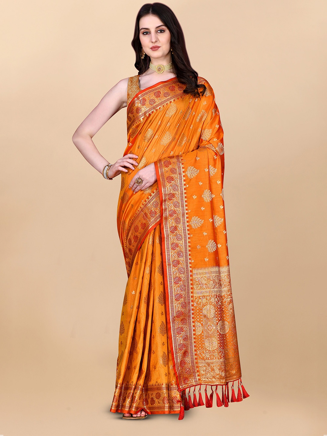 

Ekta Textiles Foral Woven Design Zari Pure Silk Banarasi Saree, Orange