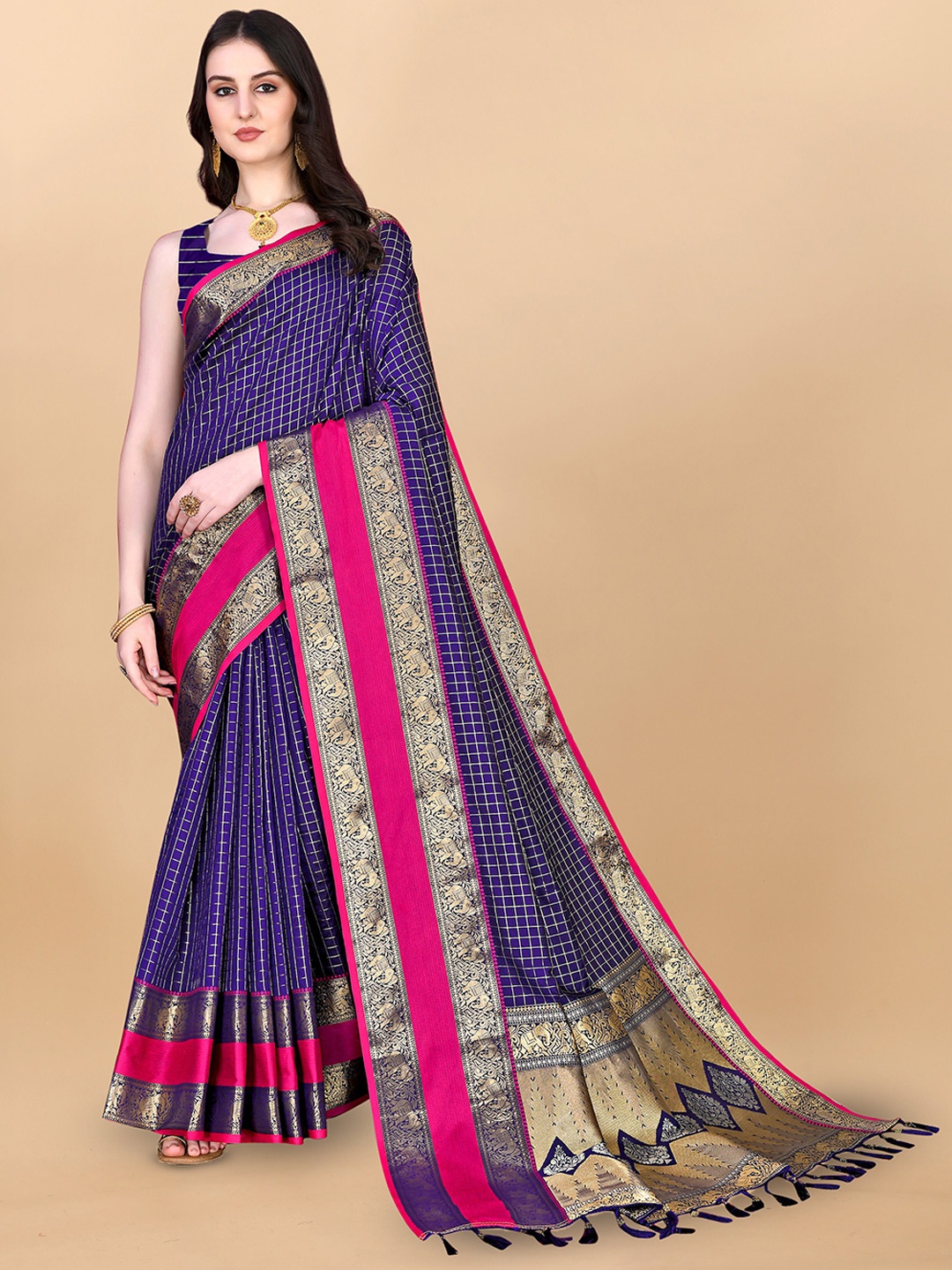 

Ekta Textiles Checked Zari Pure Silk Banarasi Saree, Blue