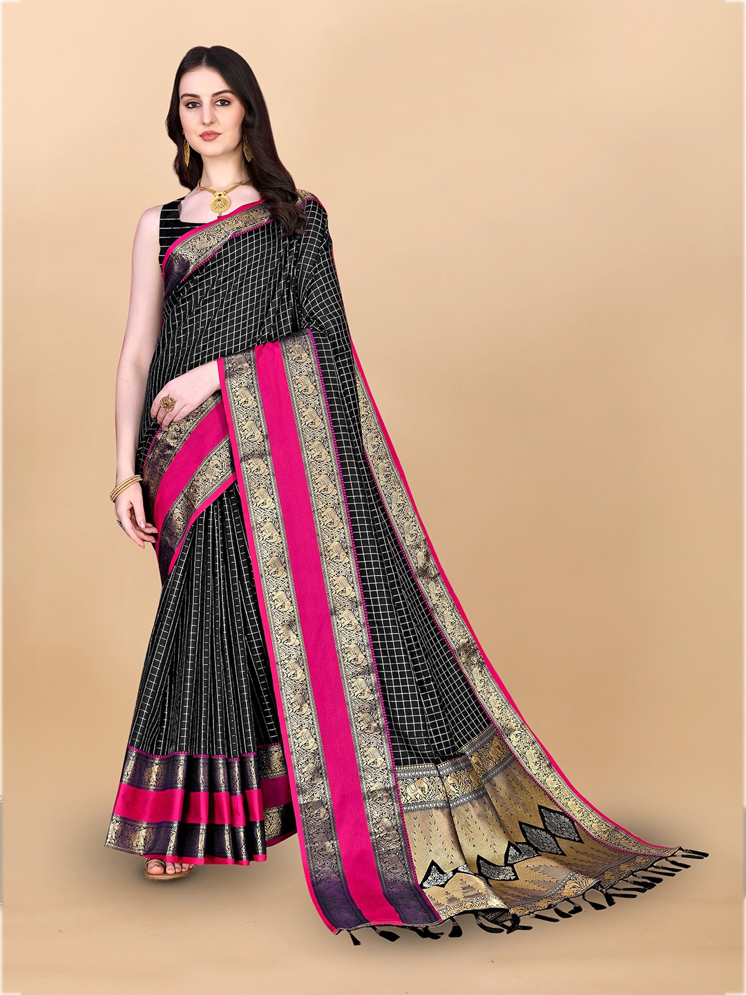 

Ekta Textiles Woven Design Zari Pure Silk Kanjeevaram Saree, Black