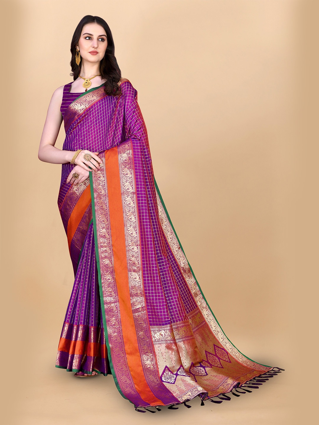 

Ekta Textiles Checked Woven Design Zari Pure Silk Banarasi Saree, Violet