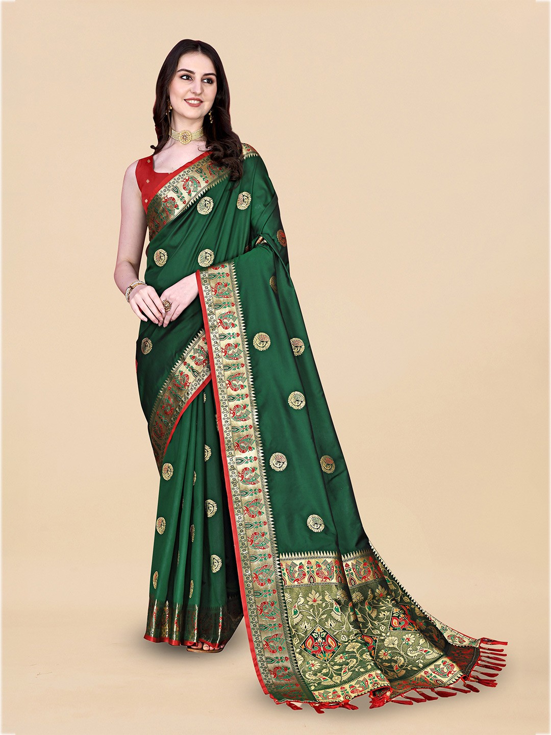 

Ekta Textiles Ethnic Motifs Woven Design Zari Pure Silk Banarasi Saree, Green