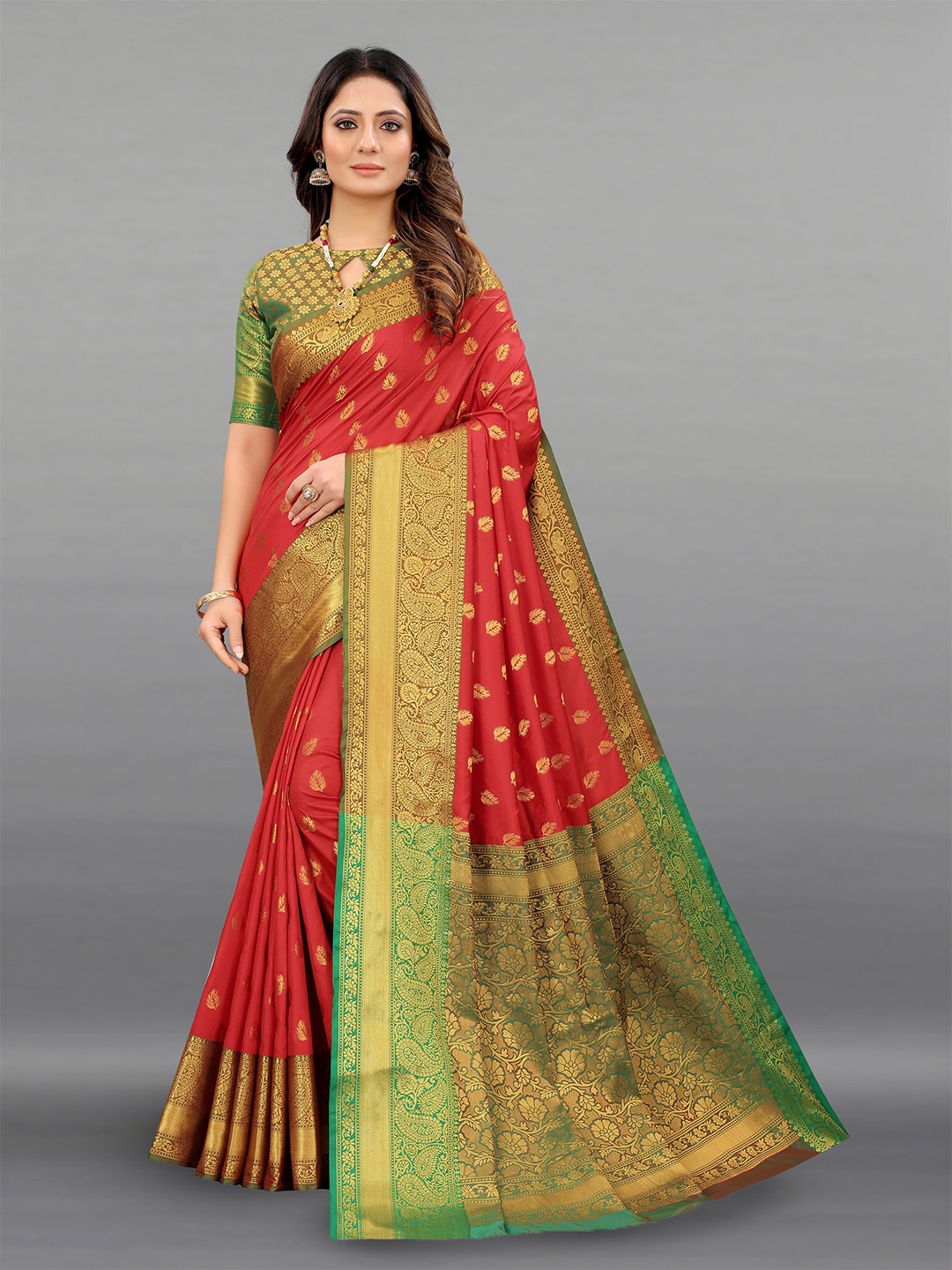

Ekta Textiles Ethnic Motifs Woven Design Zari Pure Silk Banarasi Saree, Red