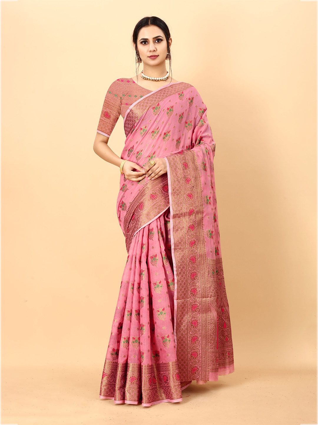 

Ekta Textiles Woven Design Zari Pure Silk Banarasi Saree, Pink