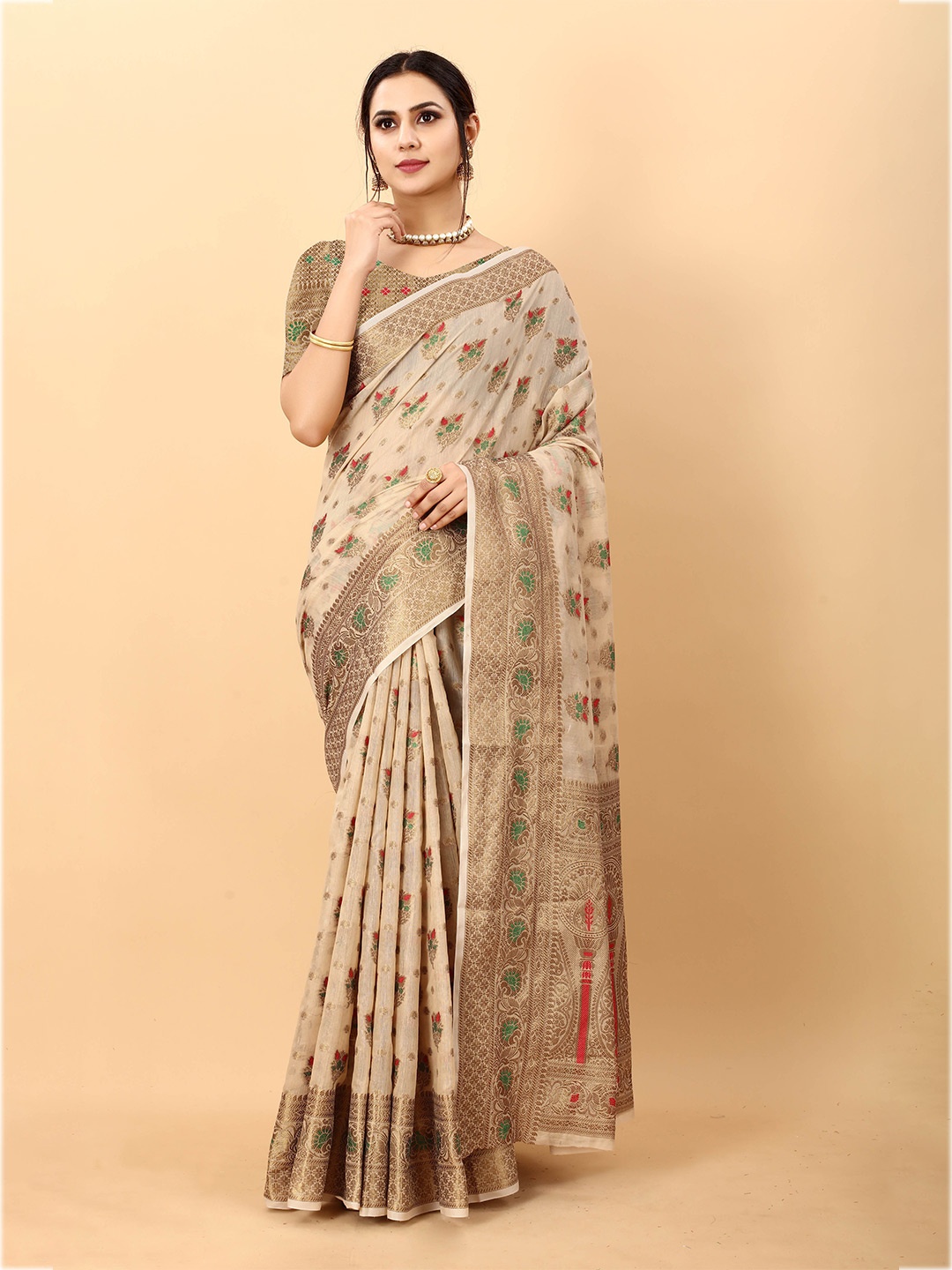 

Ekta Textiles Floral Woven Design Zari Pure Silk Banarasi Saree, Cream