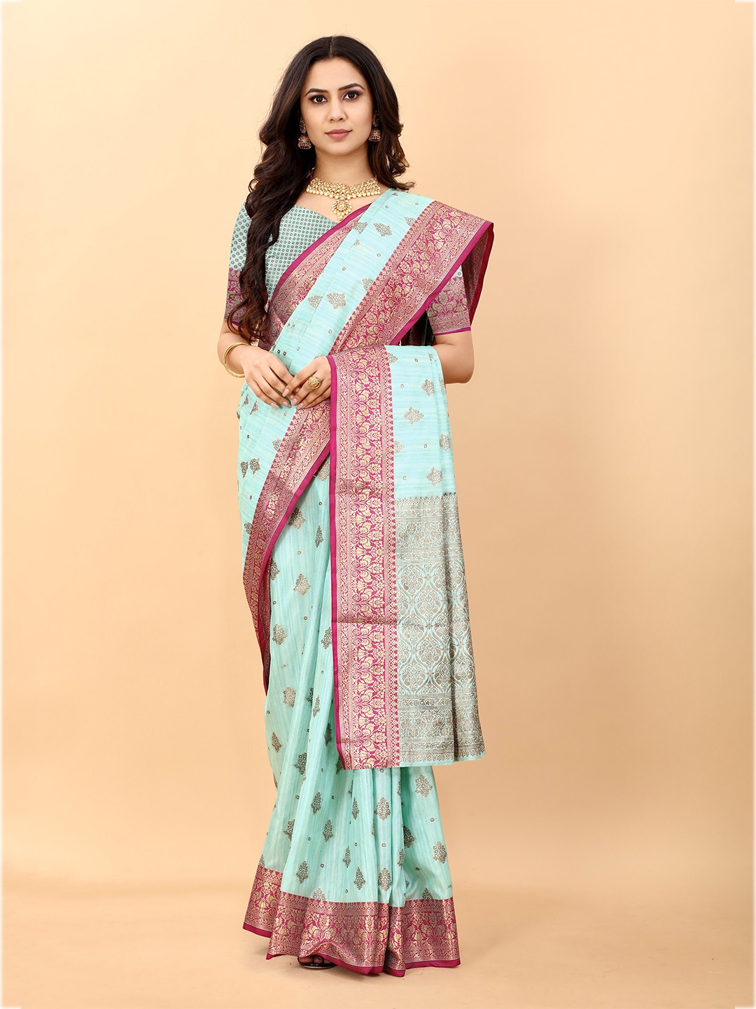 

Ekta Textiles Ethnic Motifs Woven Design Zari Banarasi Pure Silk Saree, Turquoise blue