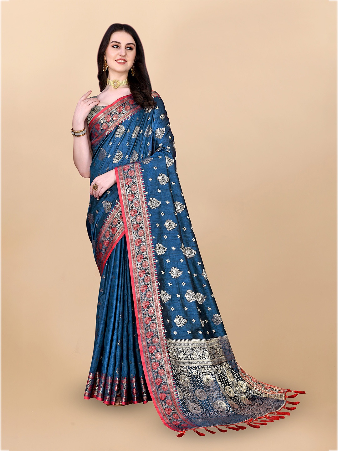 

Ekta Textiles Ethnic Motifs Woven Design Zari Pure Silk Banarasi Saree, Blue