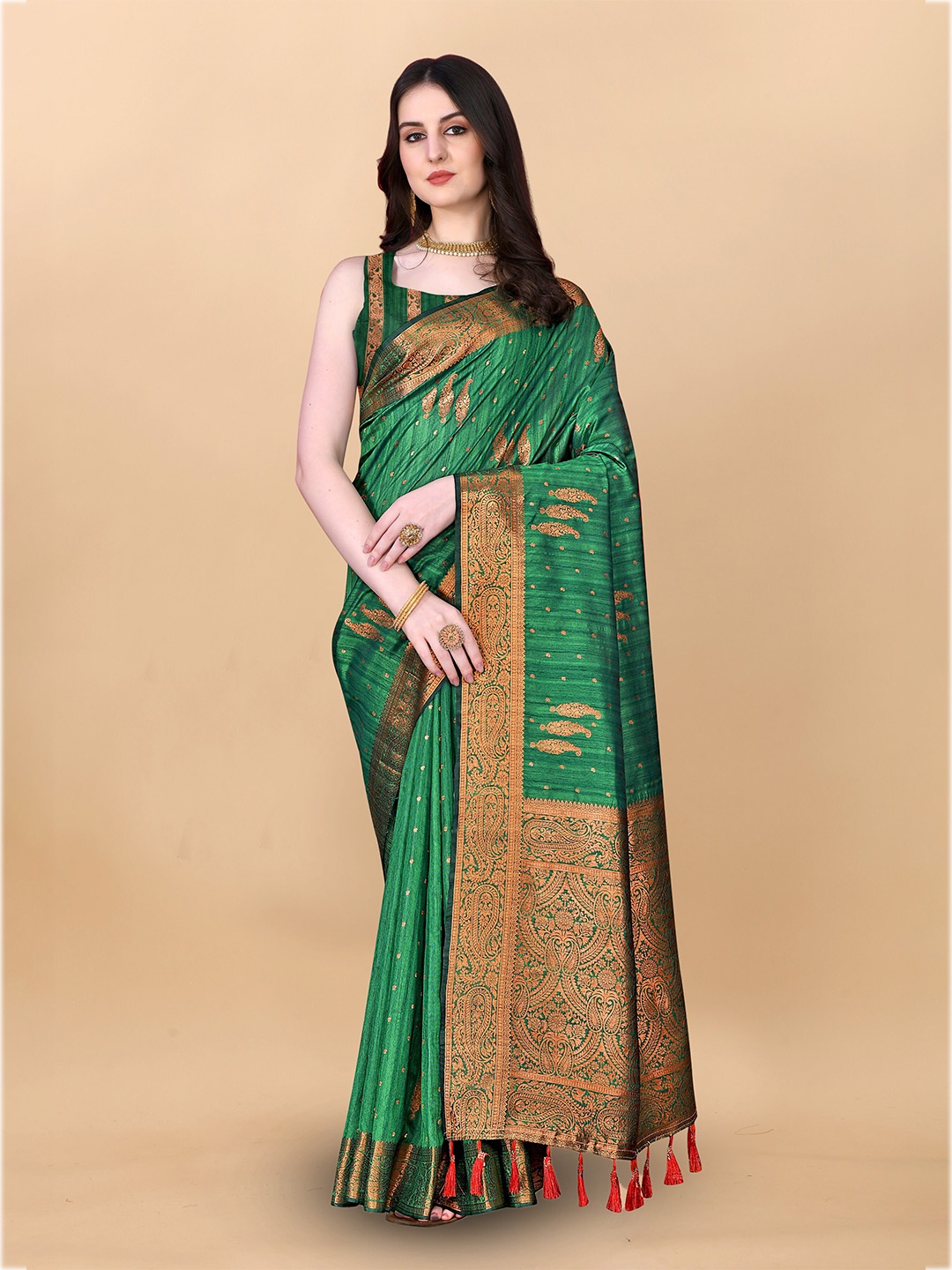 

Ekta Textiles Ethnic Motifs Woven Design Zari Pure Silk Banarasi Saree, Green