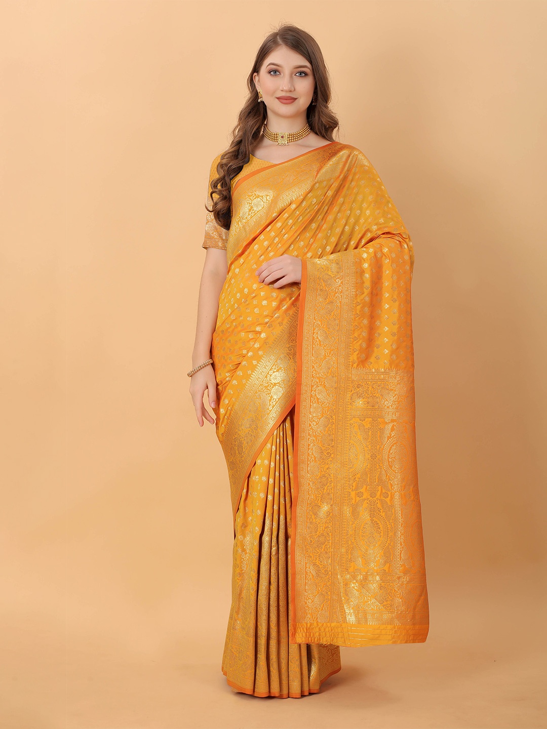 

Ekta Textiles Ethnic Motifs Woven Design Zari Pure Silk Kanjeevaram Saree, Yellow