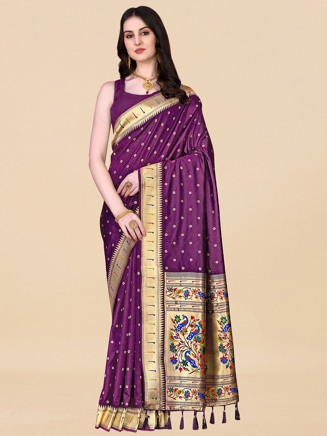 

Ekta Textiles Ethnic Motifs Woven Design Zari Pure Silk Banarasi Saree, Violet