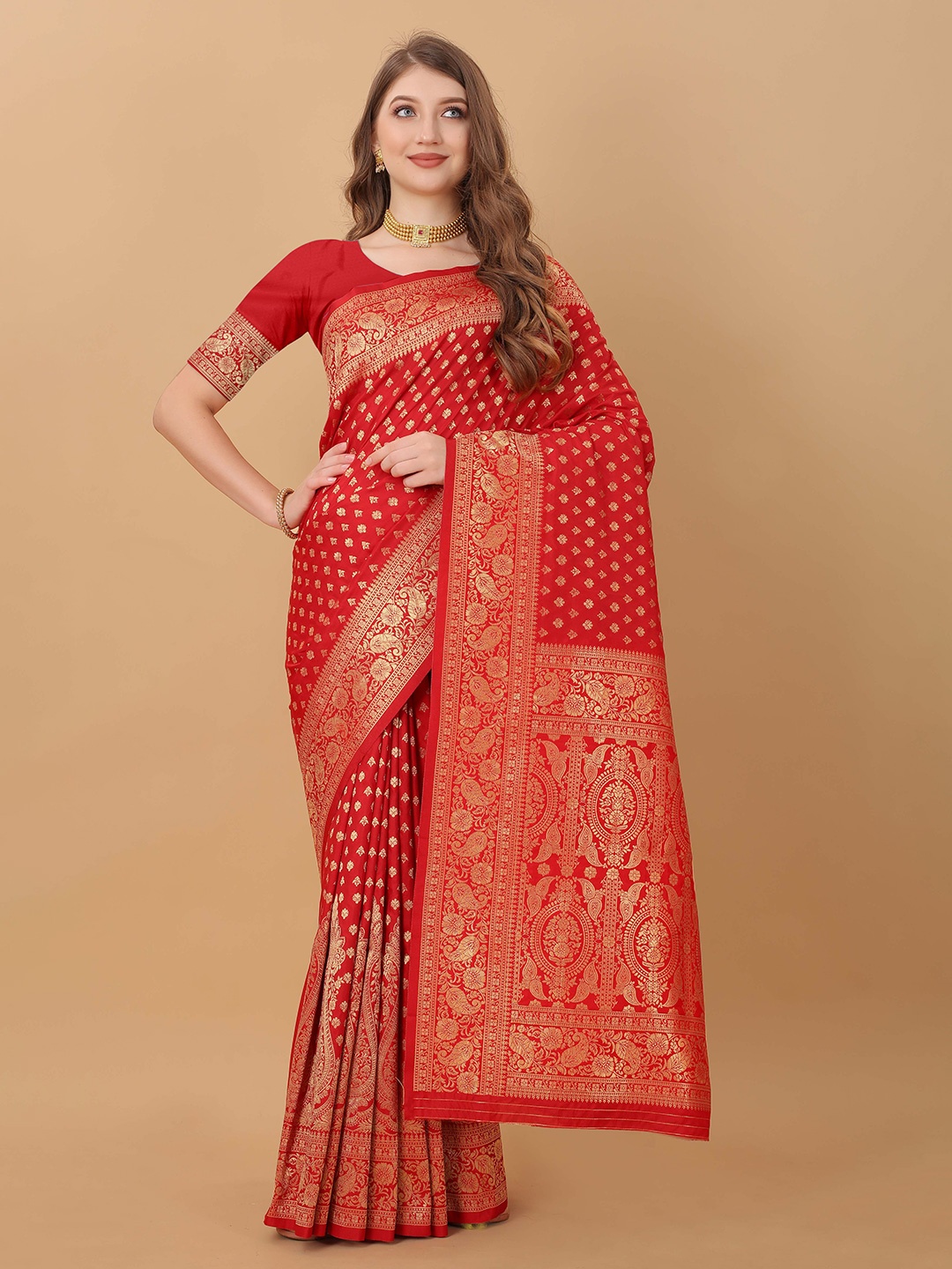 

Ekta Textiles Ethnic Motifs Woven Design Zari Pure Silk Kanjeevaram Saree, Red