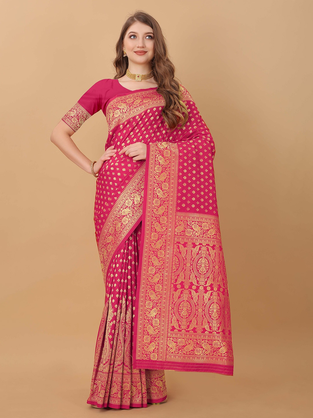 

Ekta Textiles Pink & Gold-Toned Woven Design Zari Pure Silk Banarasi Saree