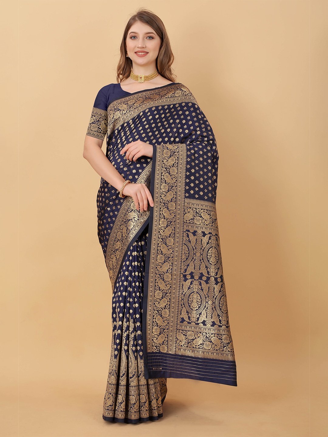 

Ekta Textiles Ethnic Motifs Woven Design Zari Banarasi Pure Silk Saree, Navy blue