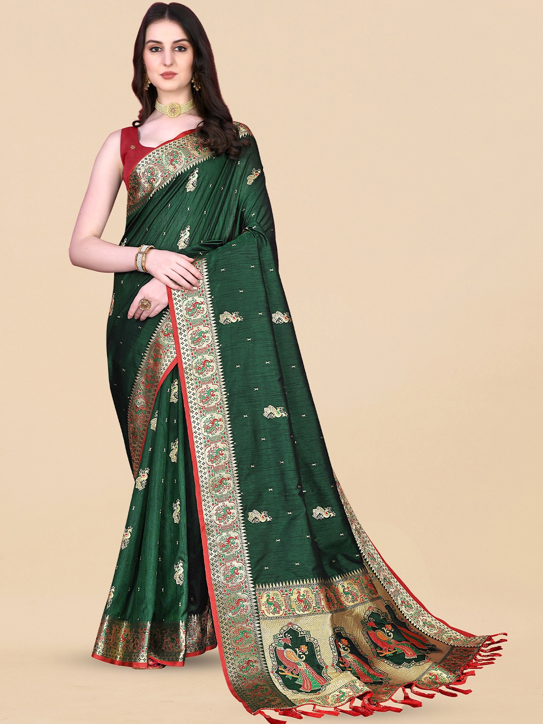 

Ekta Textiles Ethnic Motifs Woven Design Zari Pure Silk Banarasi Saree, Green