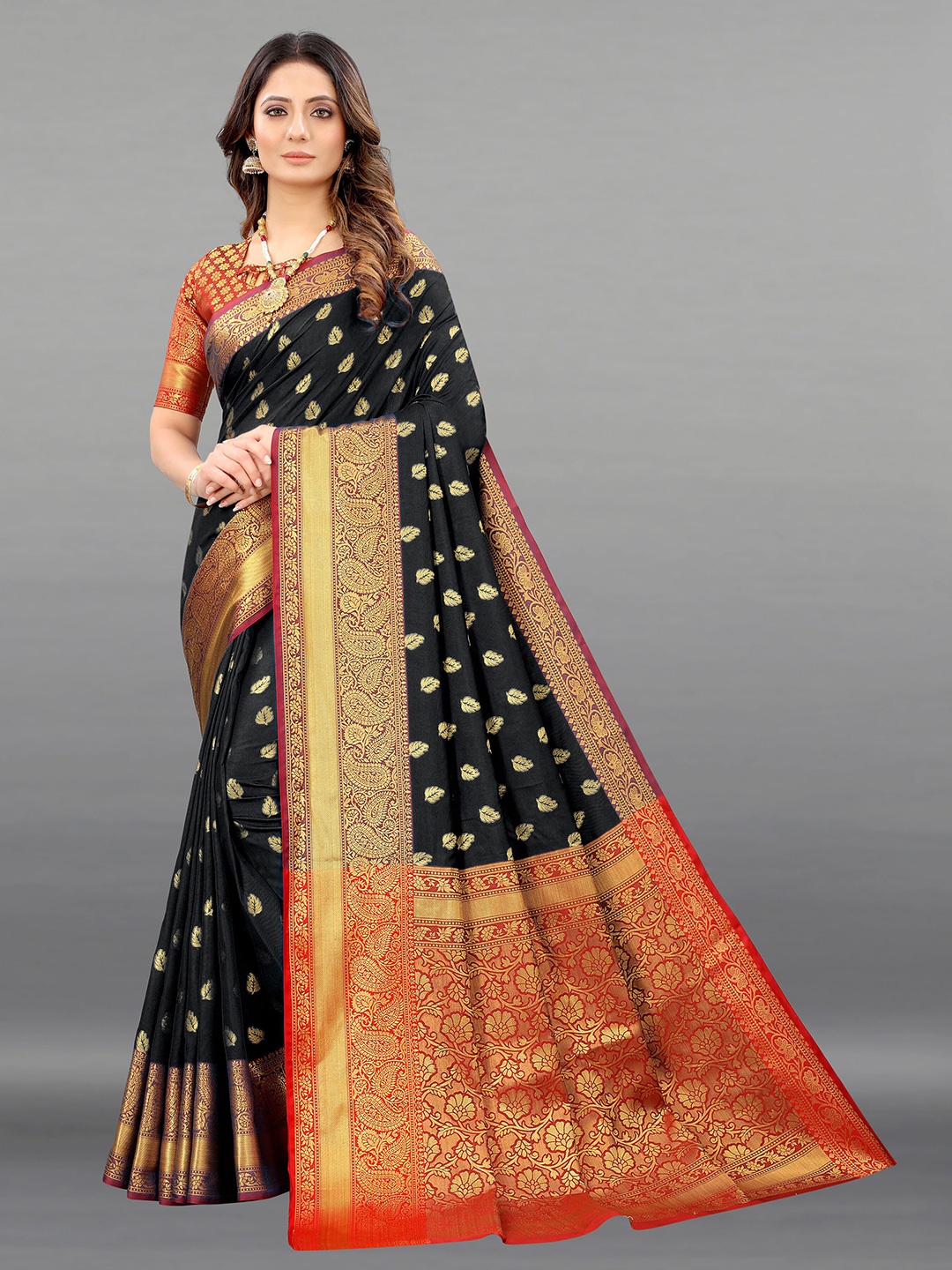 

Ekta Textiles Floral Woven Design Zari Pure Silk Banarasi Saree, Black