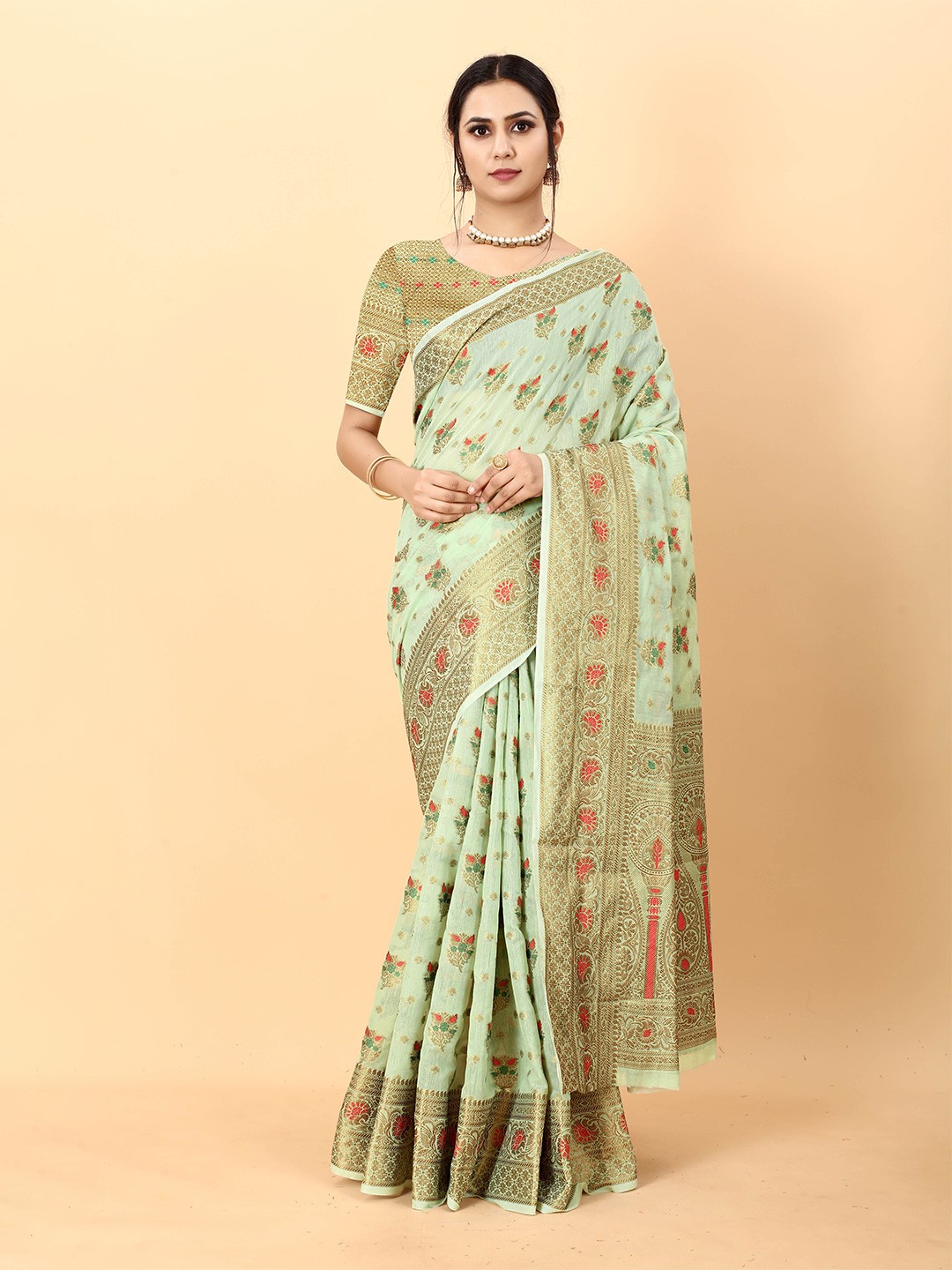 

Ekta Textiles Ethnic Motifs Woven Design Zari Pure Silk Banarasi Saree, Green