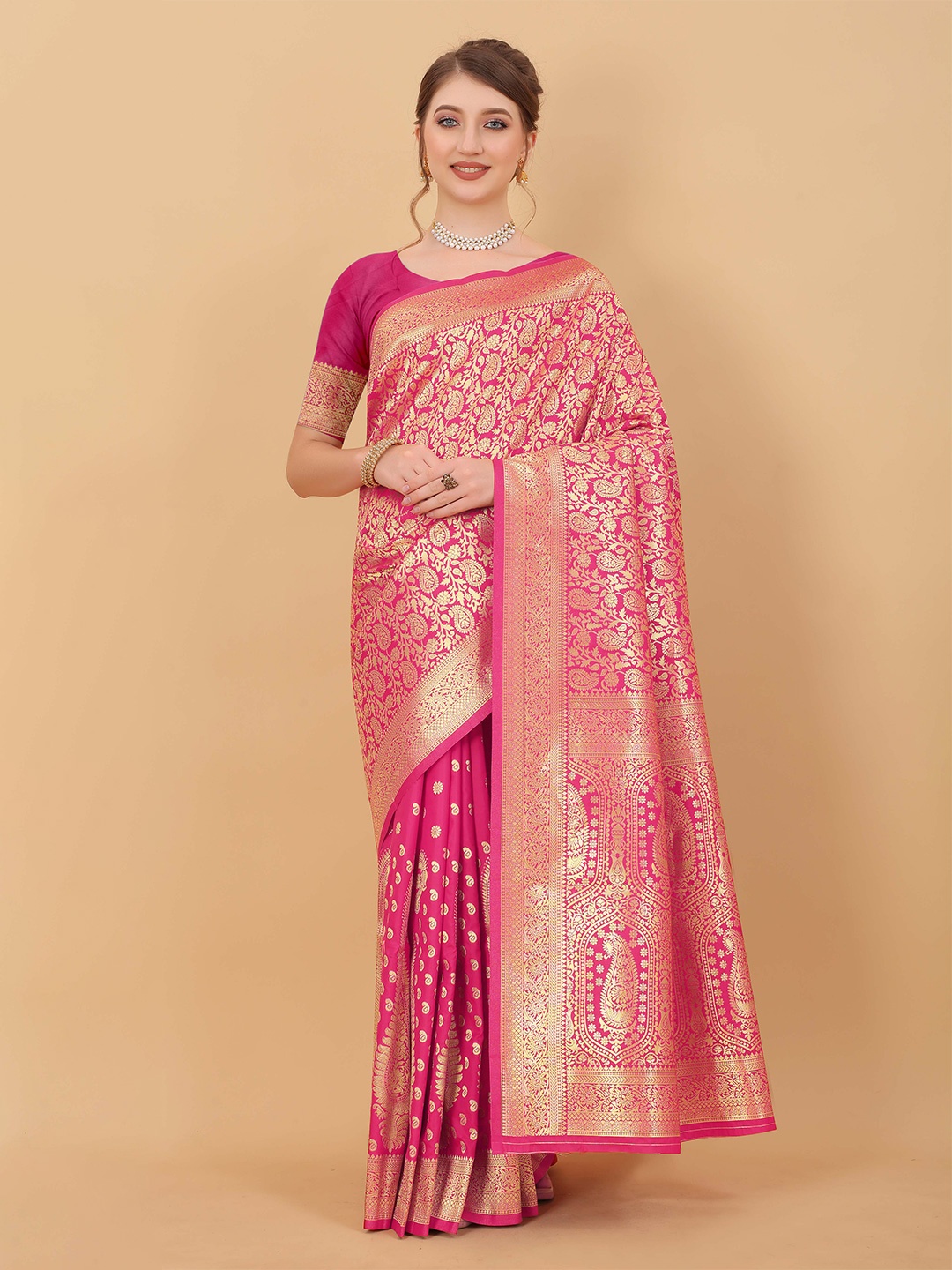 

Ekta Textiles Ethnic Motifs Woven Design Zari Pure Silk Kanjeevaram Saree, Pink