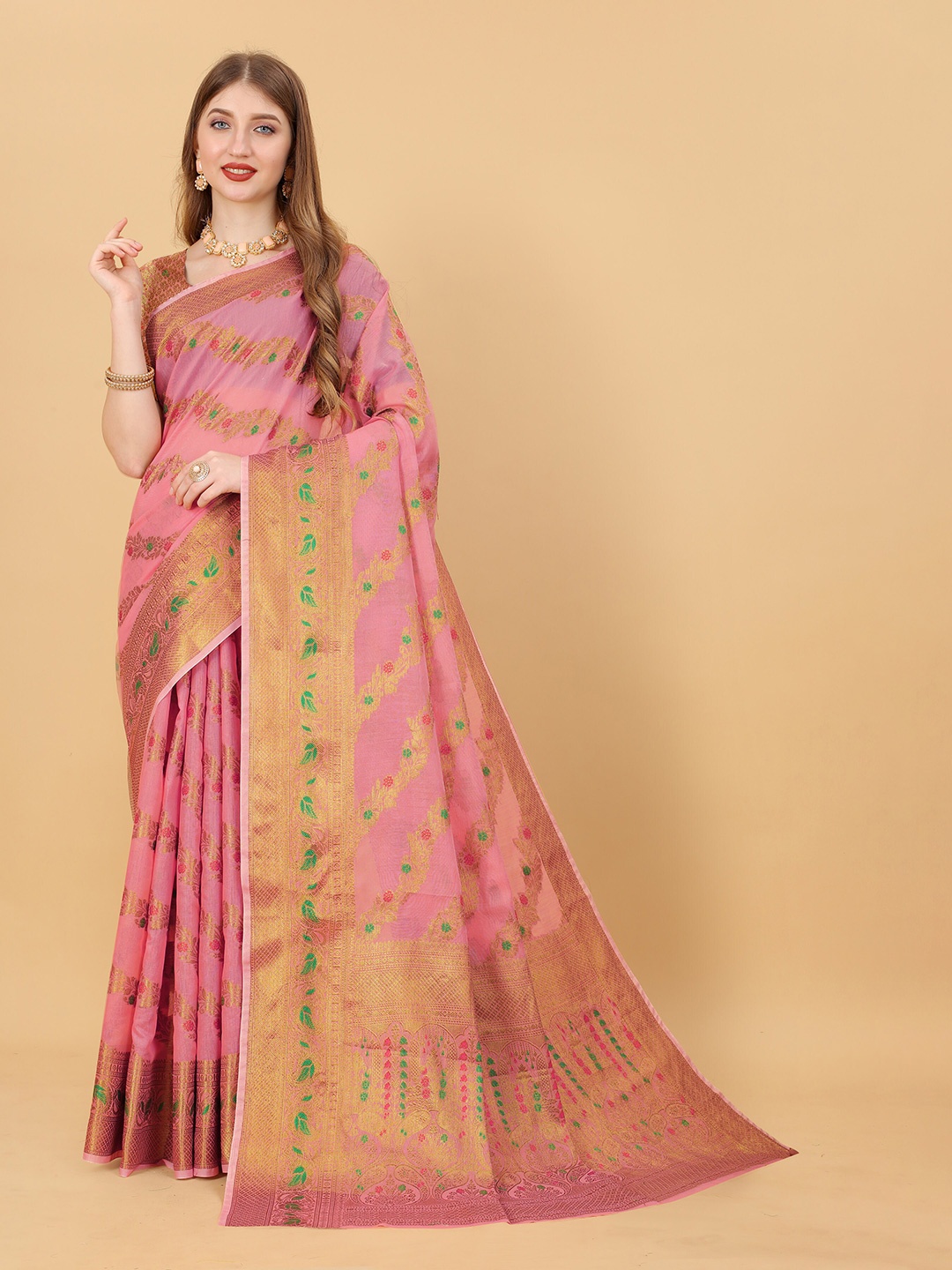 

Ekta Textiles Ethnic Motifs Woven Design Zari Pure Silk Banarasi Saree, Pink