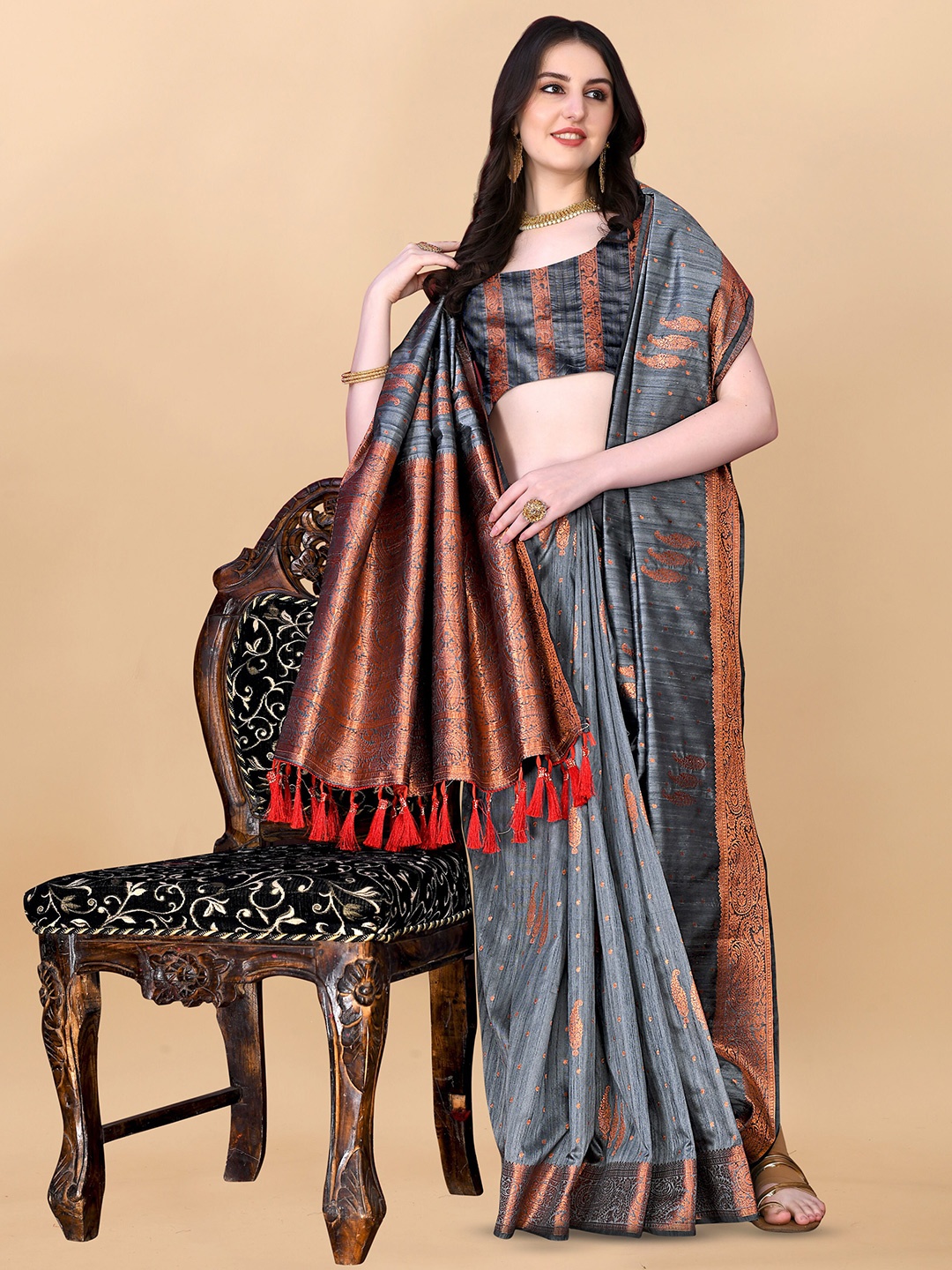 

Ekta Textiles Woven Design Zari Pure Silk Banarasi Saree, Grey