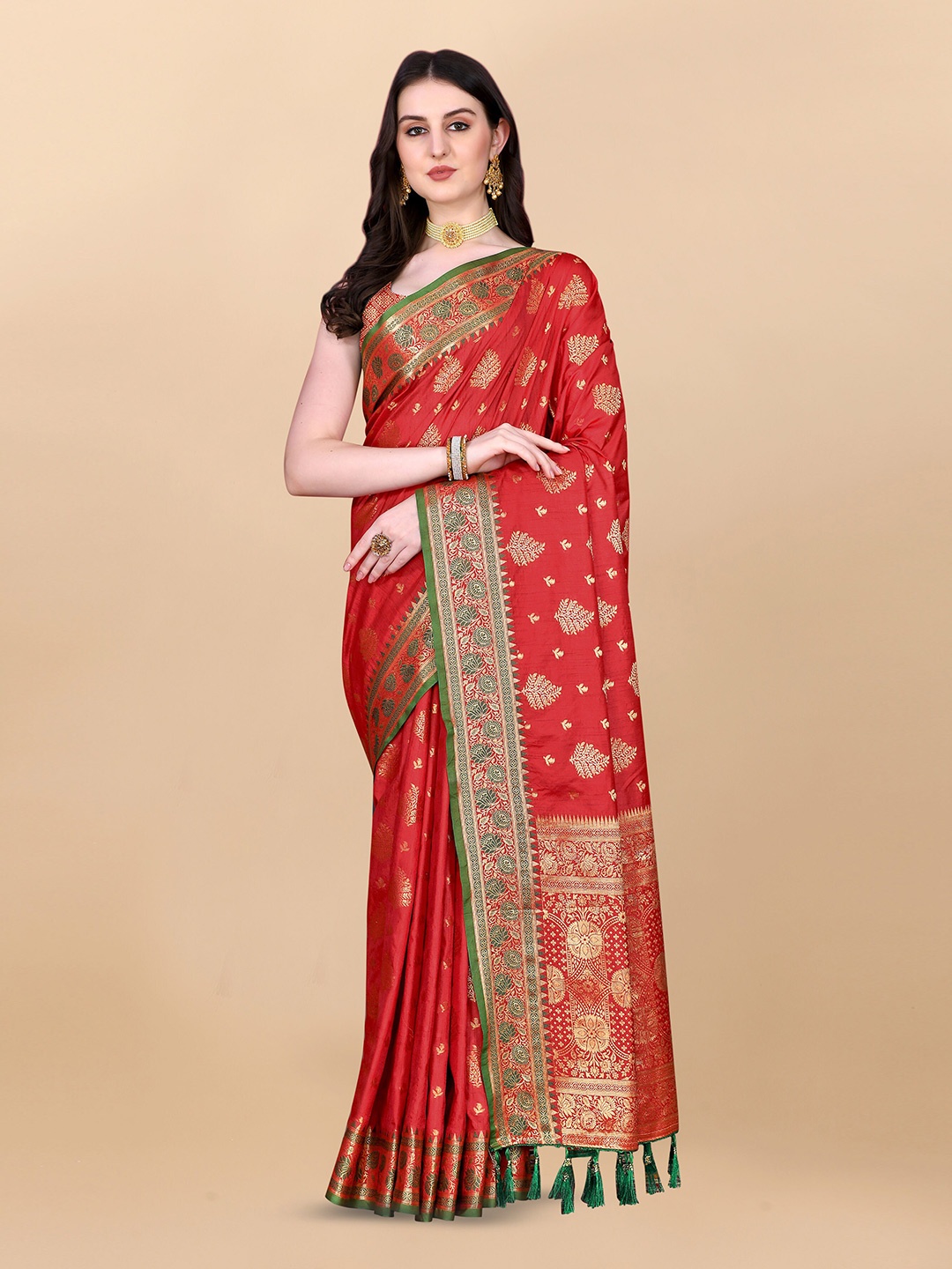 

Ekta Textiles Floral Woven Design Zari Pure Silk Banarasi Saree, Red