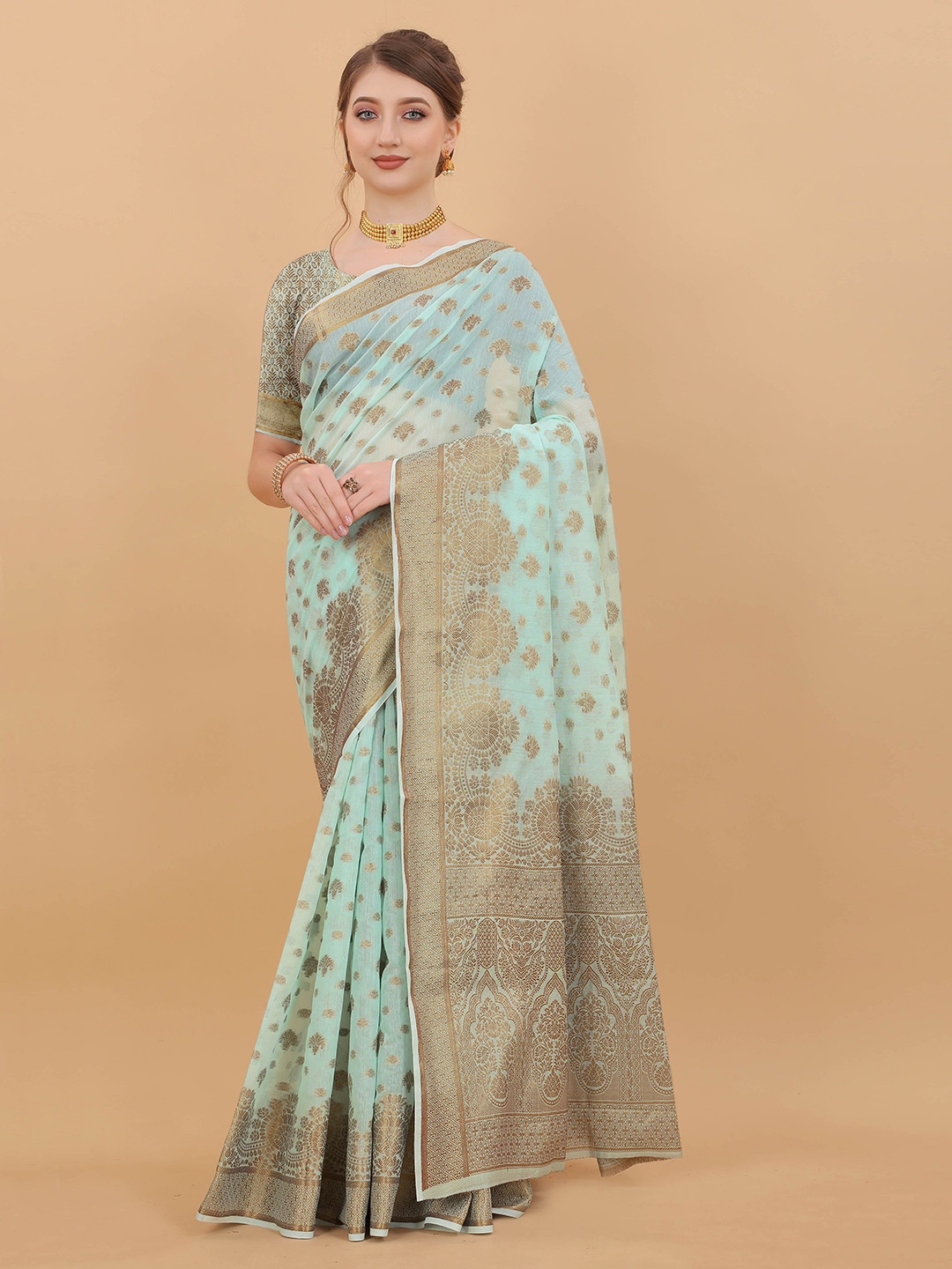 

Ekta Textiles Ethnic Motifs Woven Design Zari Pure Silk Banarasi Saree, Blue