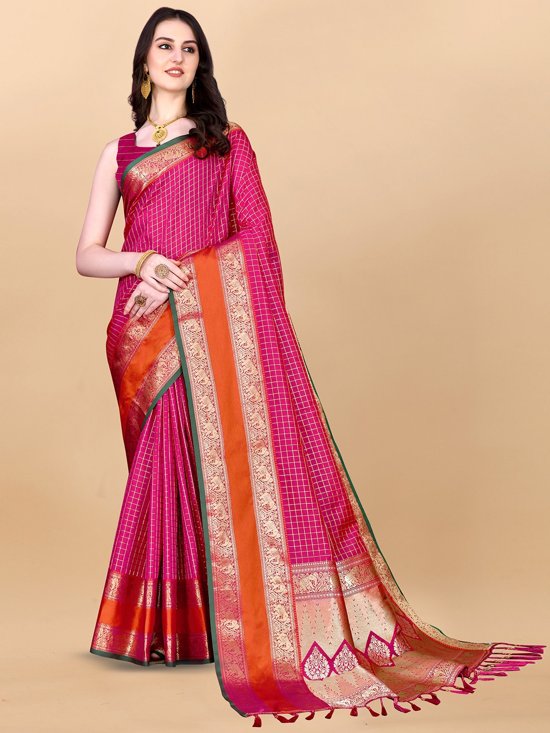 

Ekta Textiles Woven Design Zari Pure Silk Kanjeevaram Saree, Coral