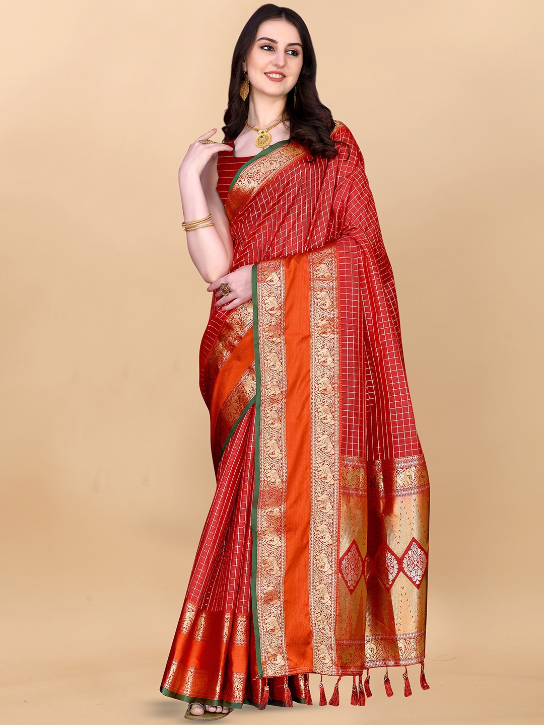 

Ekta Textiles Checked Woven Design Zari Pure Silk Kanjeevaram Saree, Red