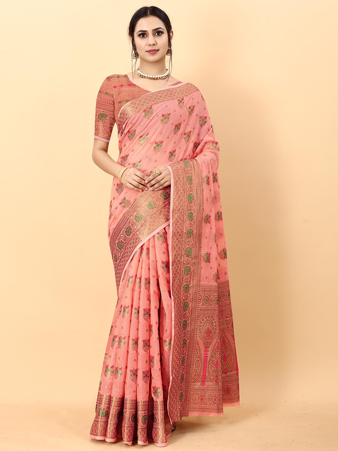 

Ekta Textiles Ethnic Motifs Woven Design Zari Pure Silk Banarasi Saree, Peach