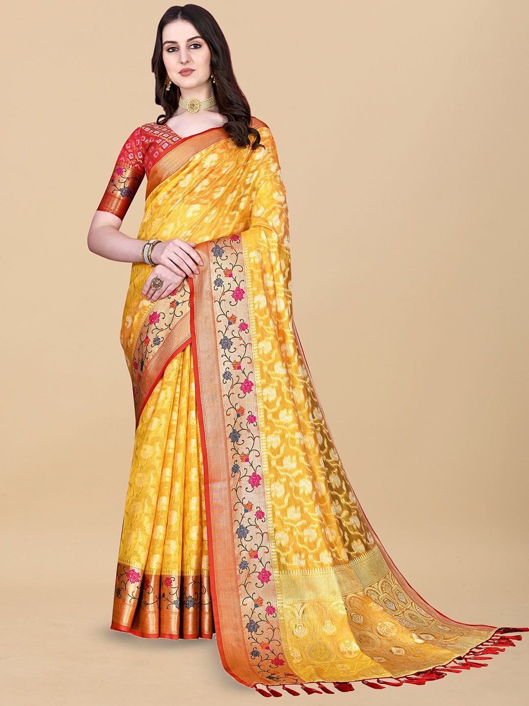 

Ekta Textiles Woven Design Zari Pure Silk Banarasi Saree, Yellow