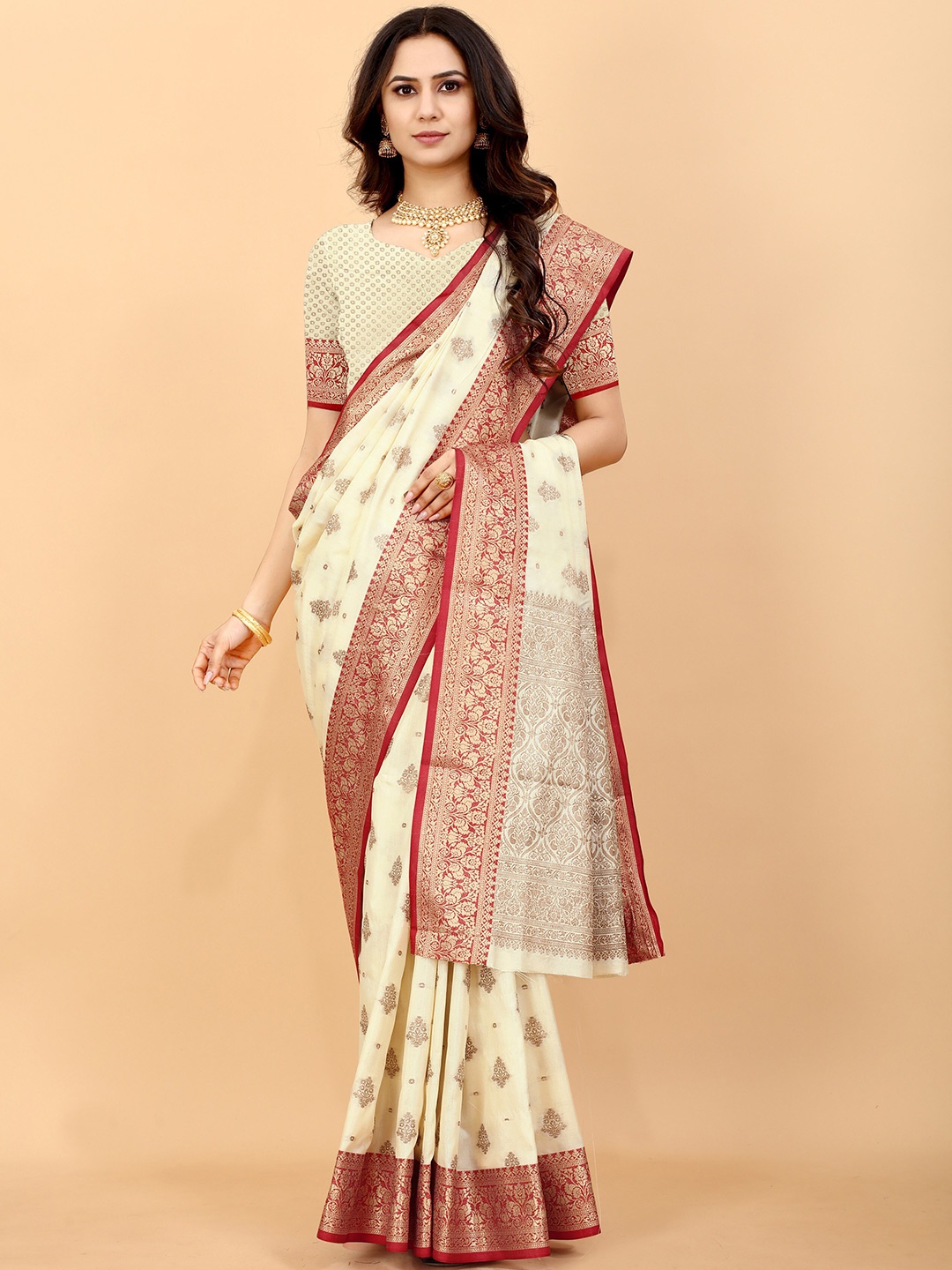 

Ekta Textiles Floral Woven Design Zari Pure Silk Banarasi Saree, White