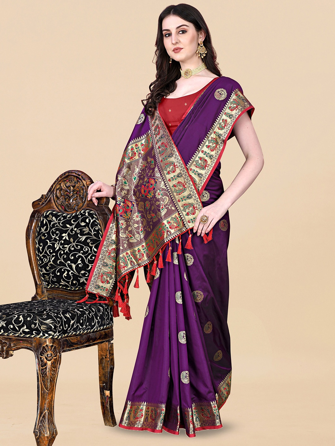 

Ekta Textiles Woven Design Zari Pure Silk Banarasi Saree, Violet