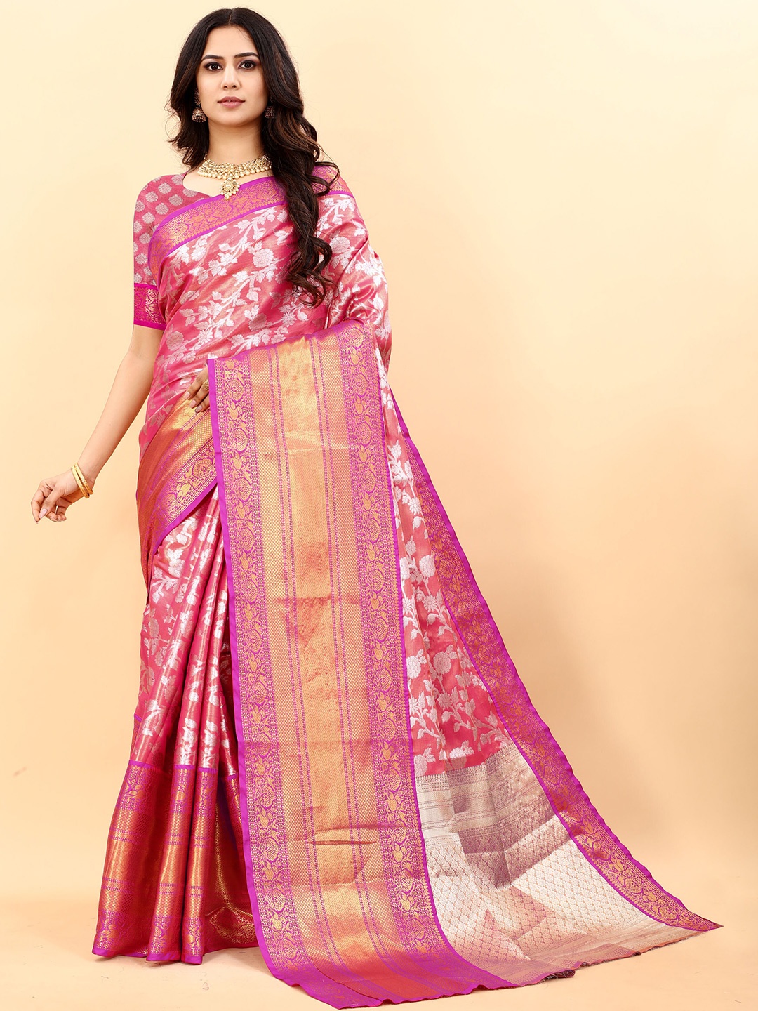 

Ekta Textiles Floral Woven Design Zari Pure Silk Kanjeevaram Saree, Orange