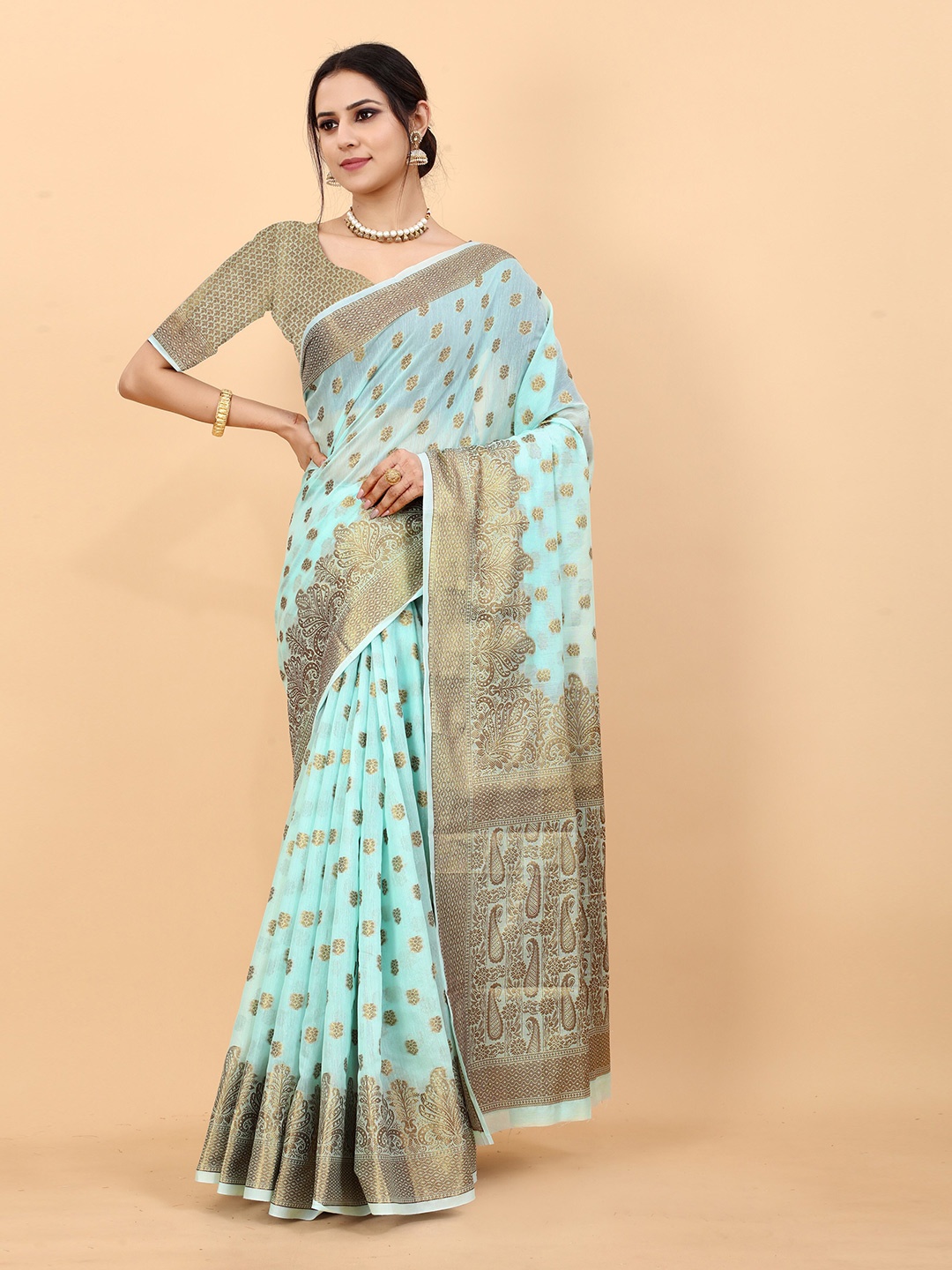 

Ekta Textiles Ethnic Motifs Woven Design Zari Pure Silk Banarasi Saree, Turquoise blue