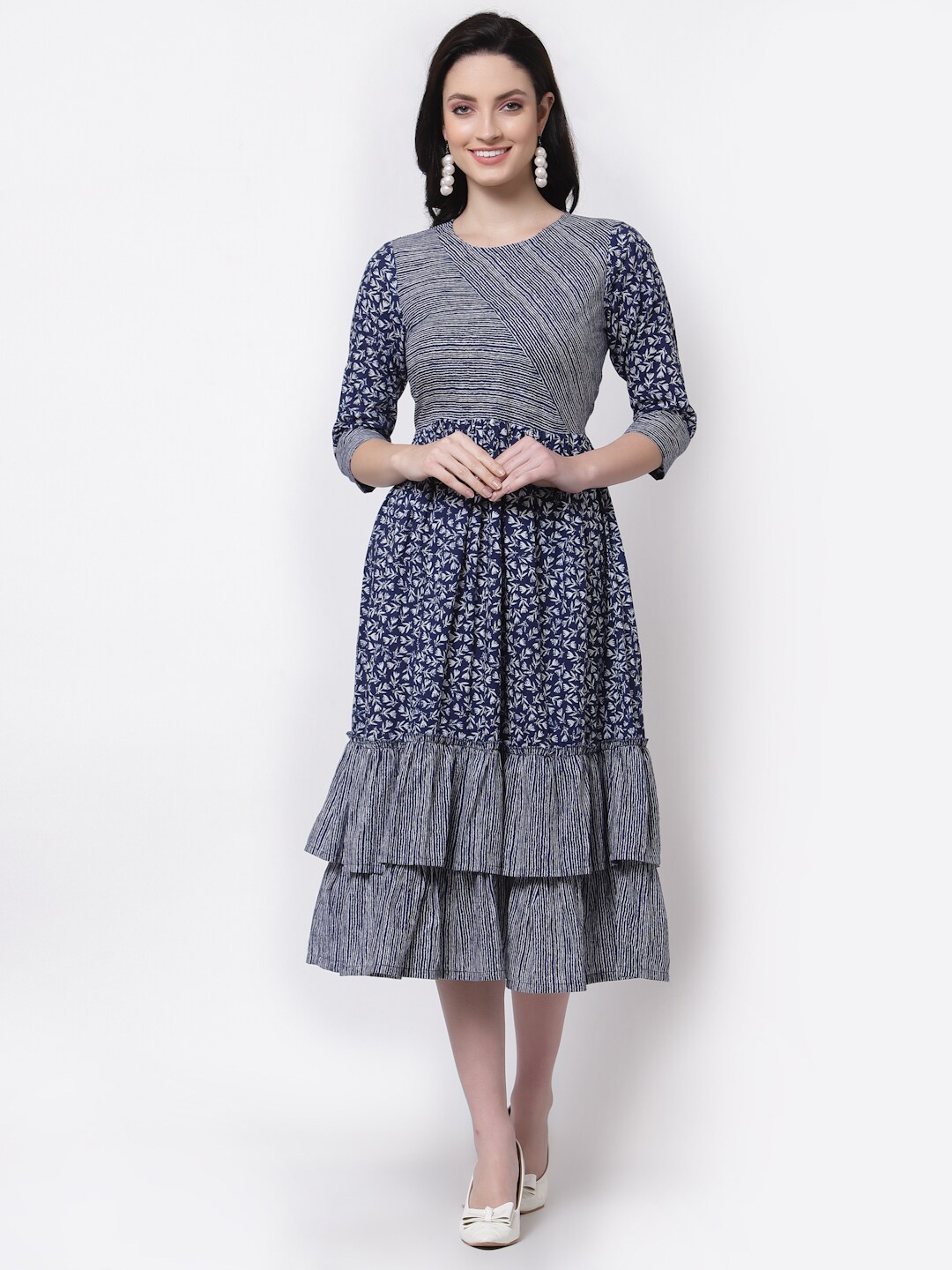 

LARGISH Floral Printed Fit & Flare Cotton Midi Dress, Blue