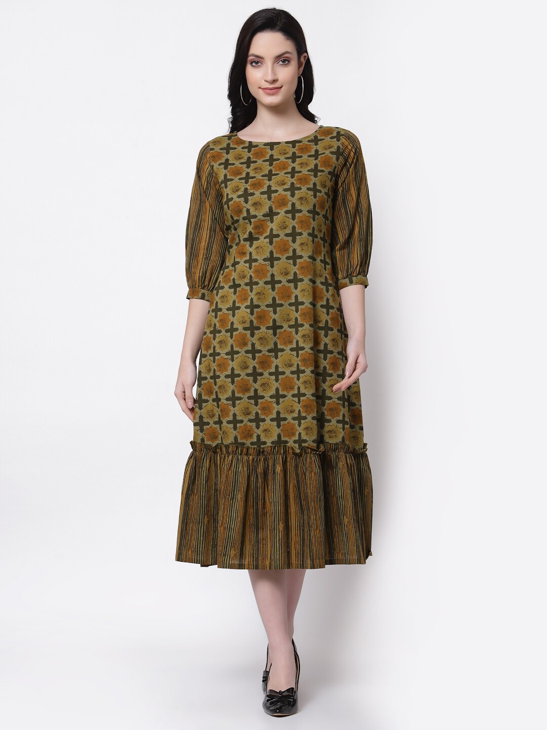 

LARGISH Floral Printed Puff Sleeves Cotton A-Line Midi Dress, Olive