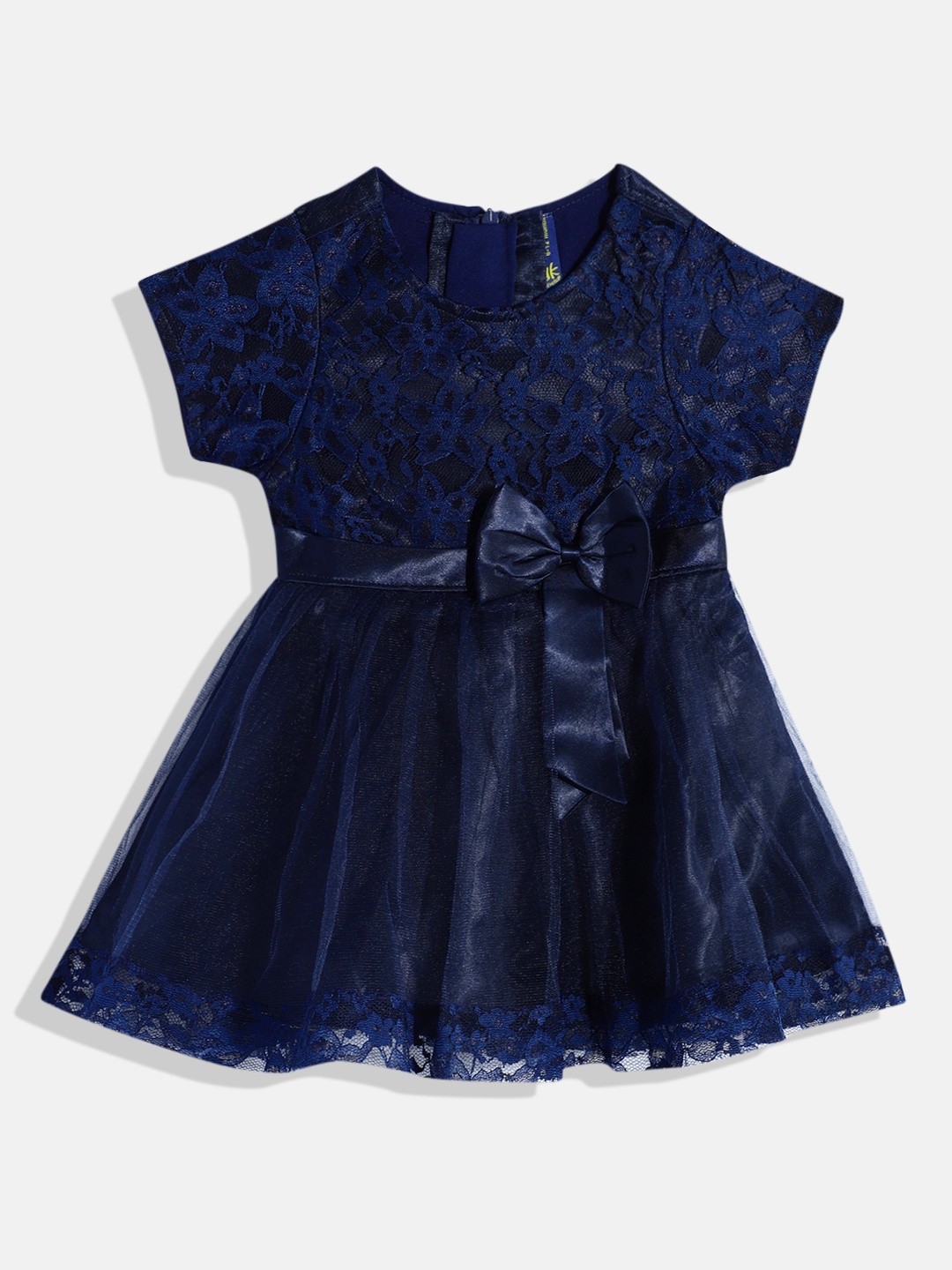 

YK Girls Self Design A-Line Dress with Bow Detail, Navy blue