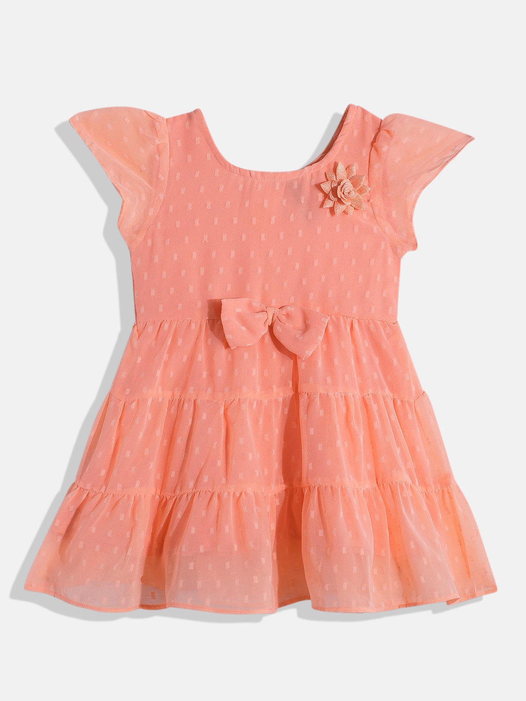 

YK Self Design A-Line Dress with Bow Detail, Peach