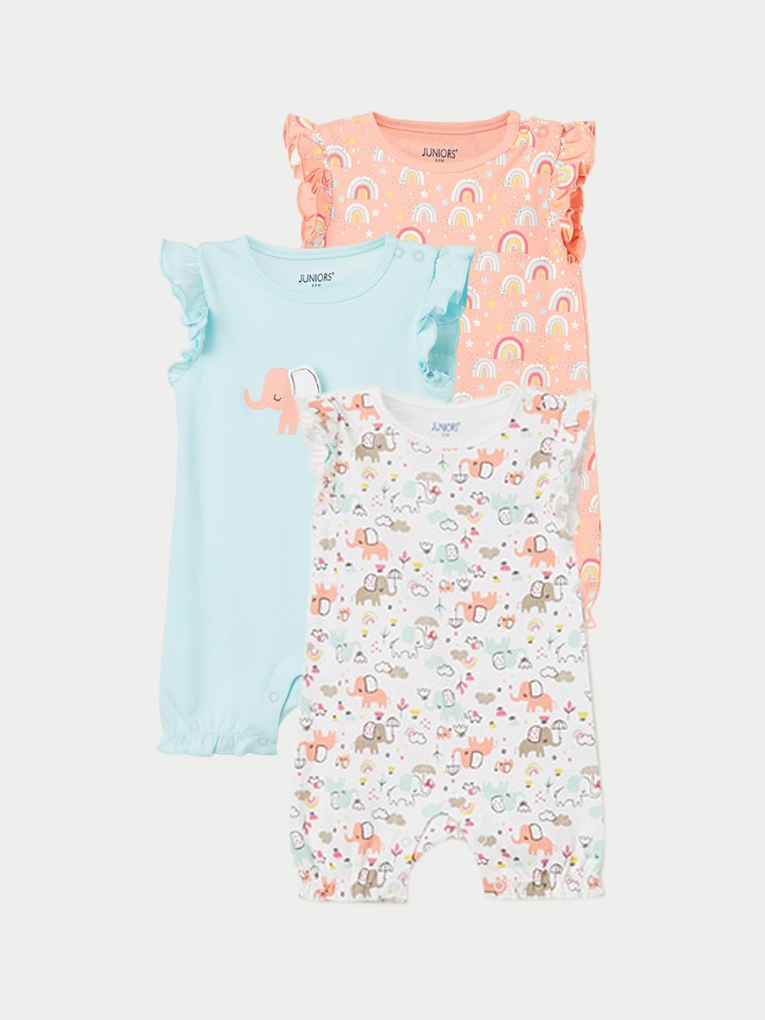 

Juniors by Lifestyle Infant Girls Pack Of 3 Printed Pure Cotton Rompers, Blue
