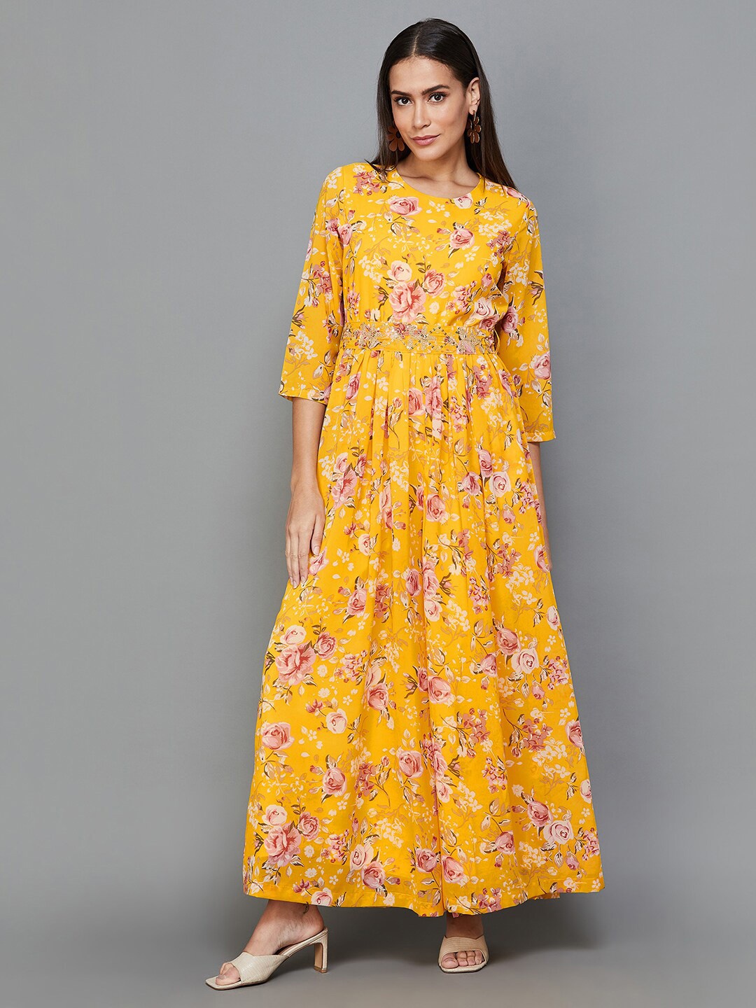 

Melange by Lifestyle Floral Printed embellished Basic Jumpsuit, Mustard
