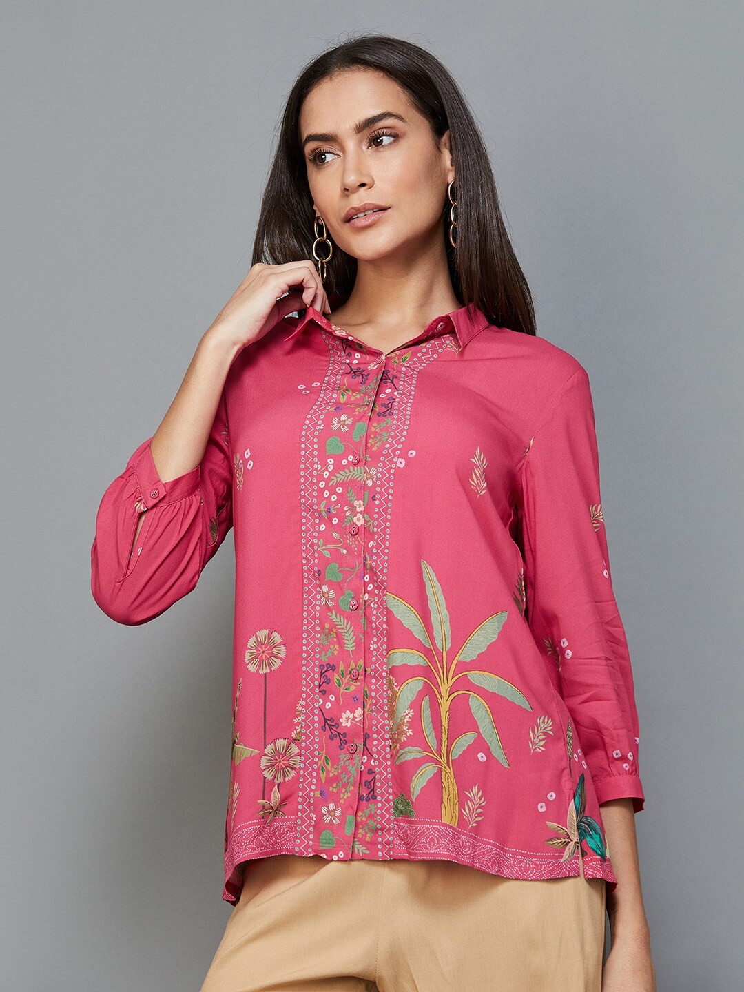 

Melange by Lifestyle Floral Printed Shirt Collar Cuffed Sleeve Shirt Style Top, Pink