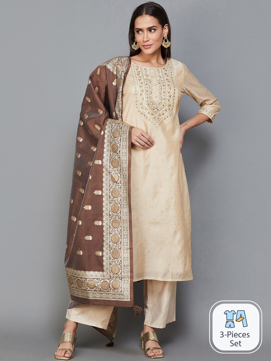 

Melange by Lifestyle Ethnic Motifs Embroidered Thread Work Kurta with Palazzos & Dupatta, Beige