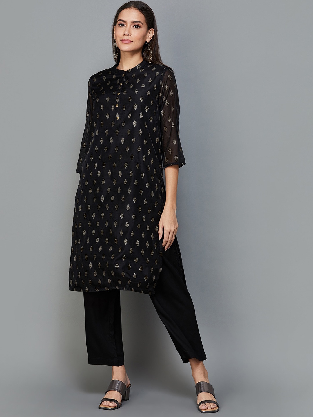 

Melange by Lifestyle Ethnic Motifs Printed Regular Kurta with Palazzos, Black