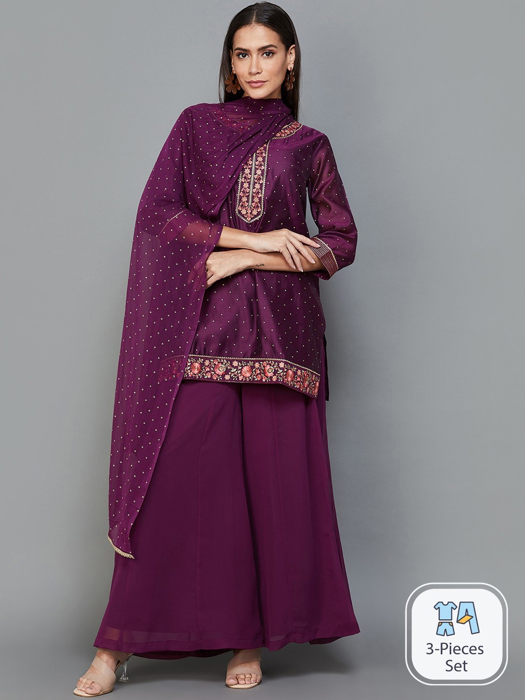

Melange by Lifestyle Floral Embroidered Regular Gotta Patti Kurti with Palazzo & Dupatta, Red