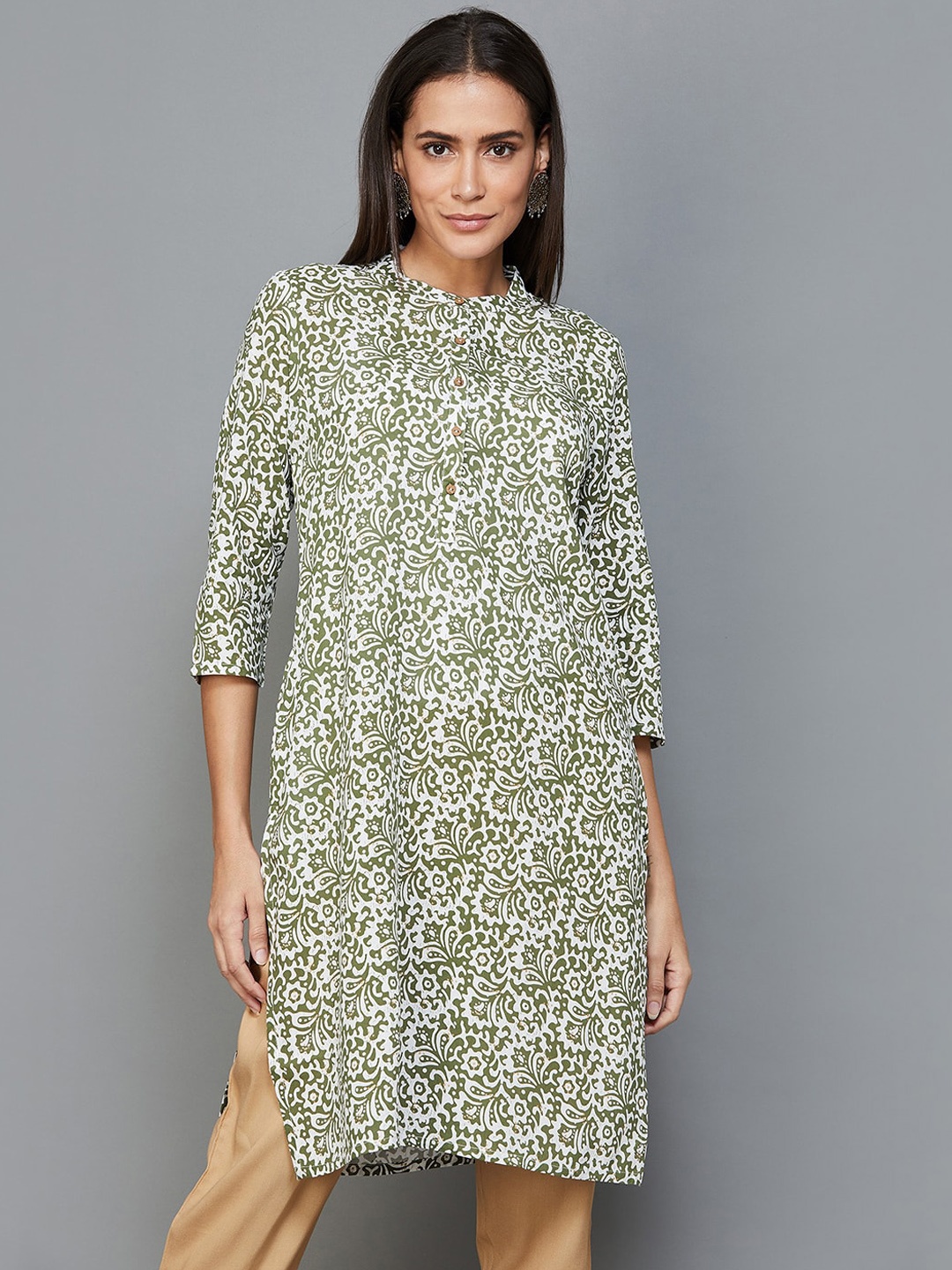 

Melange by Lifestyle Ethnic Motifs Printed Band Collar Kurta, Green