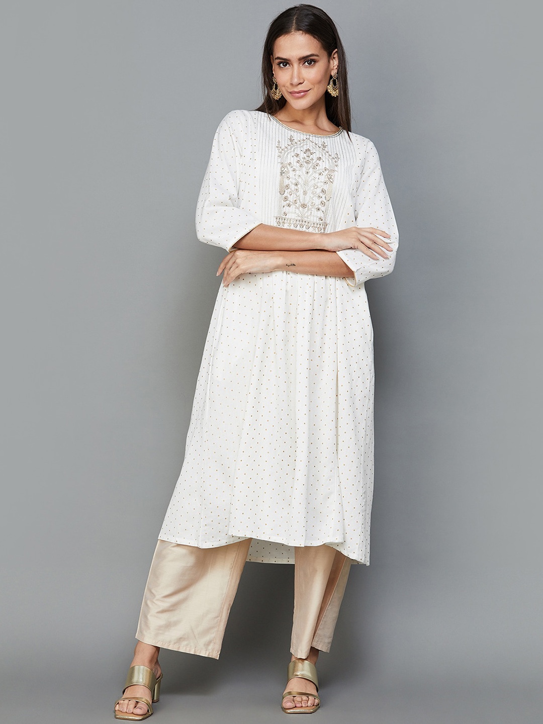 

Melange by Lifestyle Polka Dots Printed Sequinned Anarkali Kurta, Off white