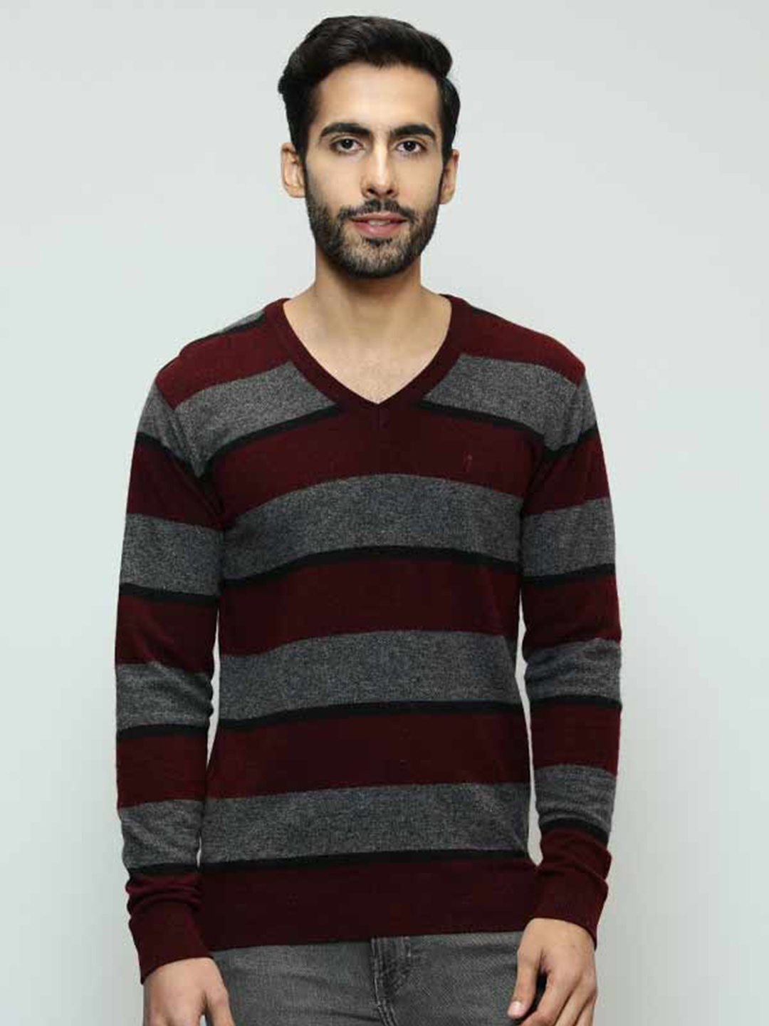 

Indian Terrain V-Neck Striped Woollen Pullover, Purple