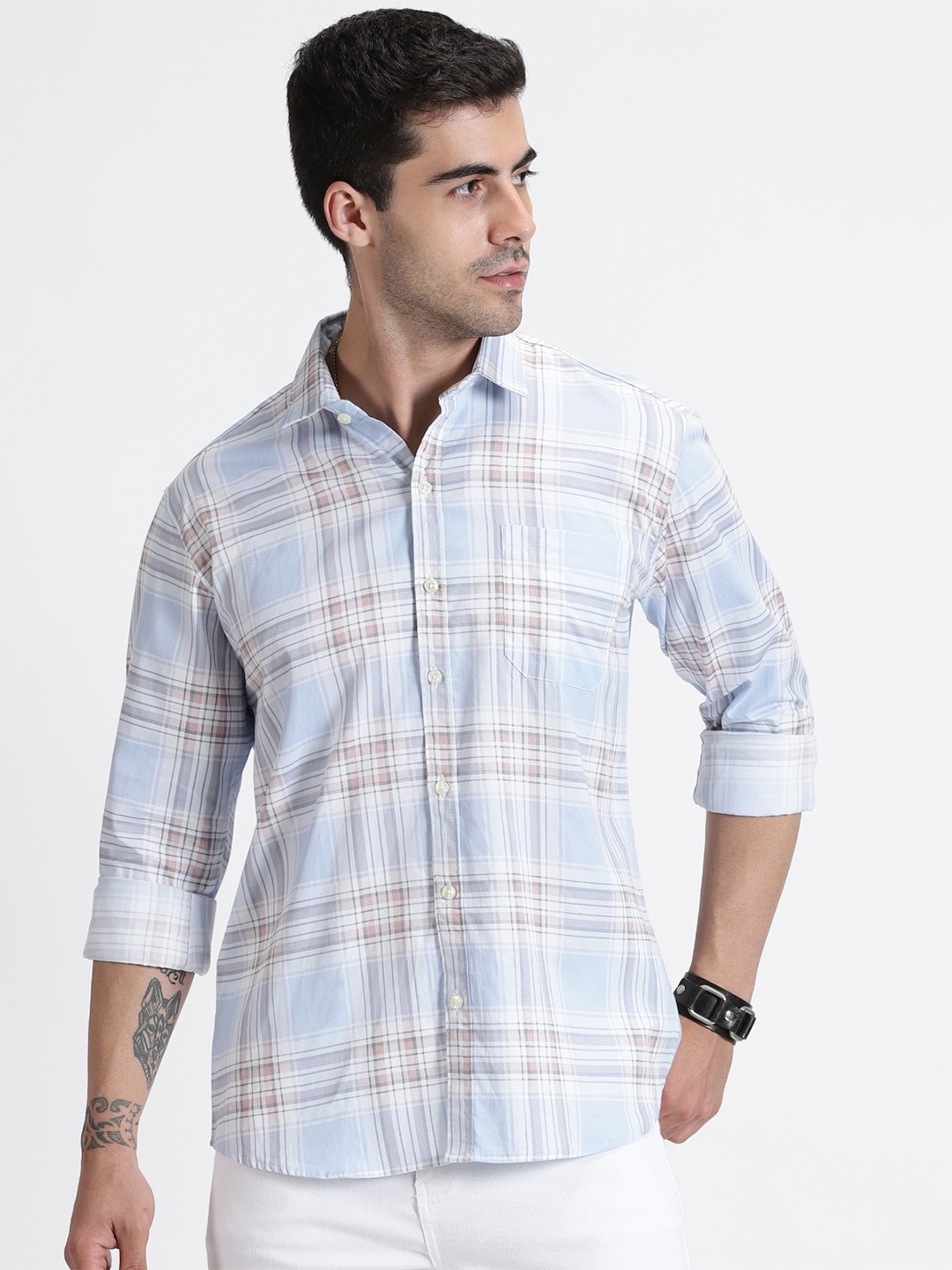 

MISCHIEF MONKEY Classic Fit Tartan Checked Twill Weave Cotton Casual Shirt, Blue