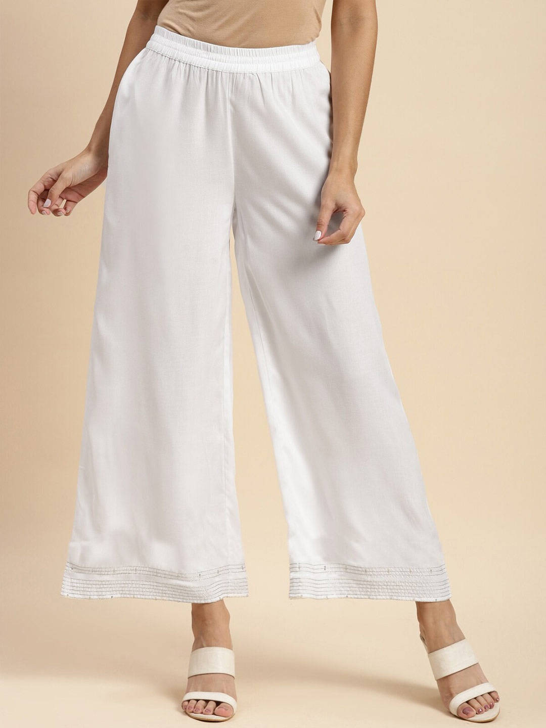 

Rangita Women Flared Ethnic Palazzos, Off white