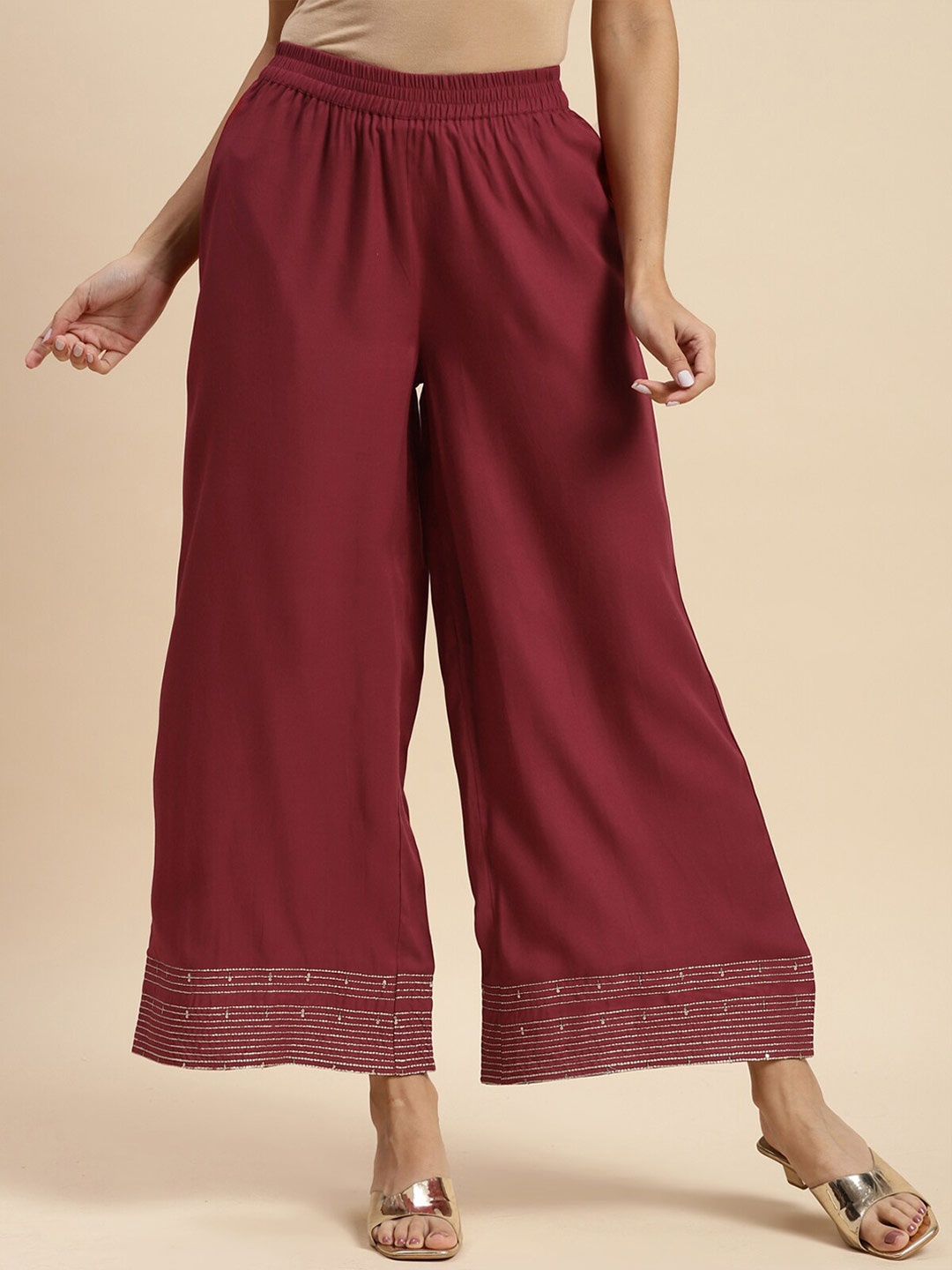 

Rangita Women Embroidered Flared Ethnic Palazzos, Maroon