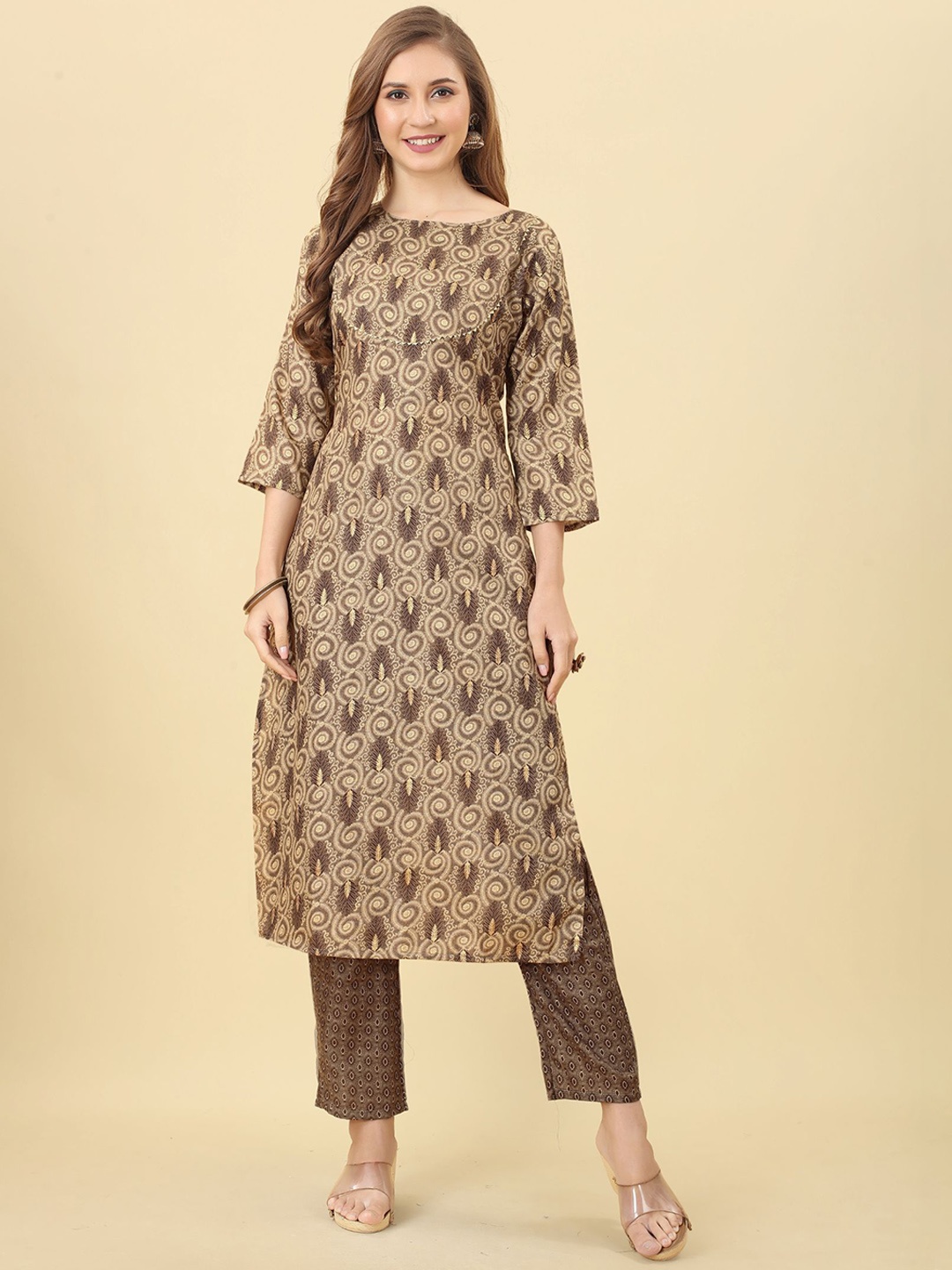 

PREMROOP- THE STYLE YOU LOVE Ethnic Motifs Printed Gotta Patti Kurta With Trousers, Brown